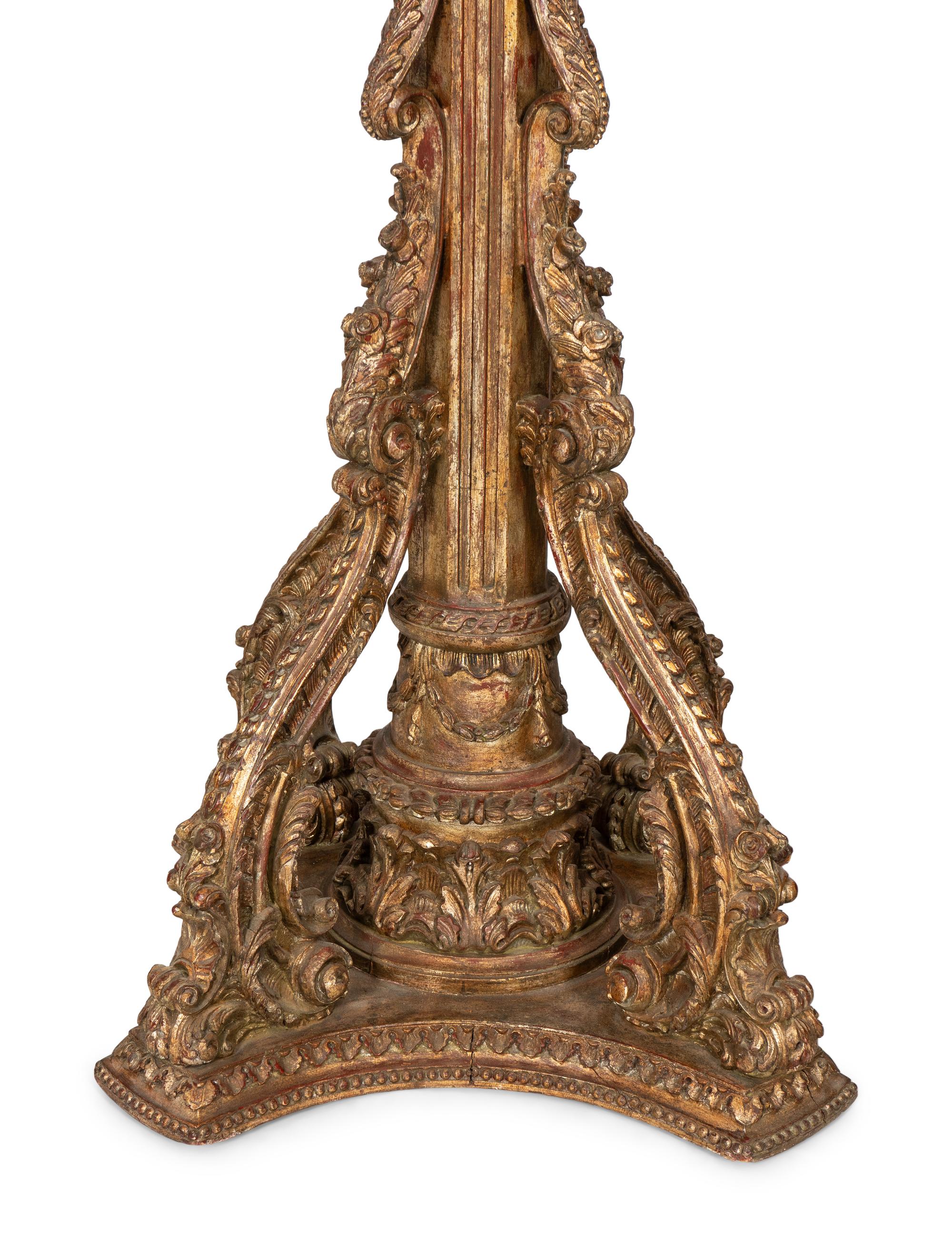 A Pair of Monumental Louis XV Style Elaborately Carved Giltwood Gondola Lanterns