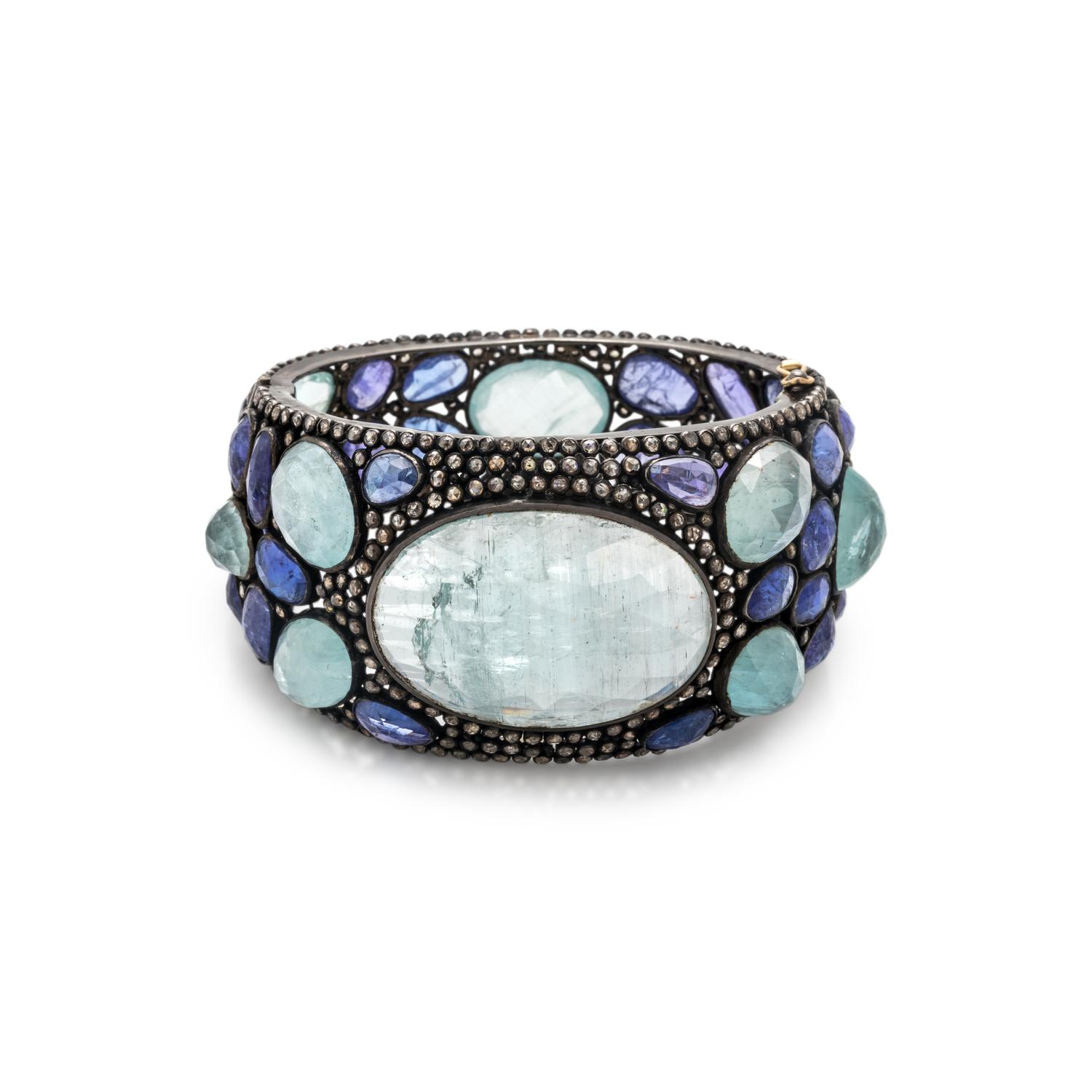 TOURMALINE, TANZANITE AND DIAMOND BANGLE BRACELET