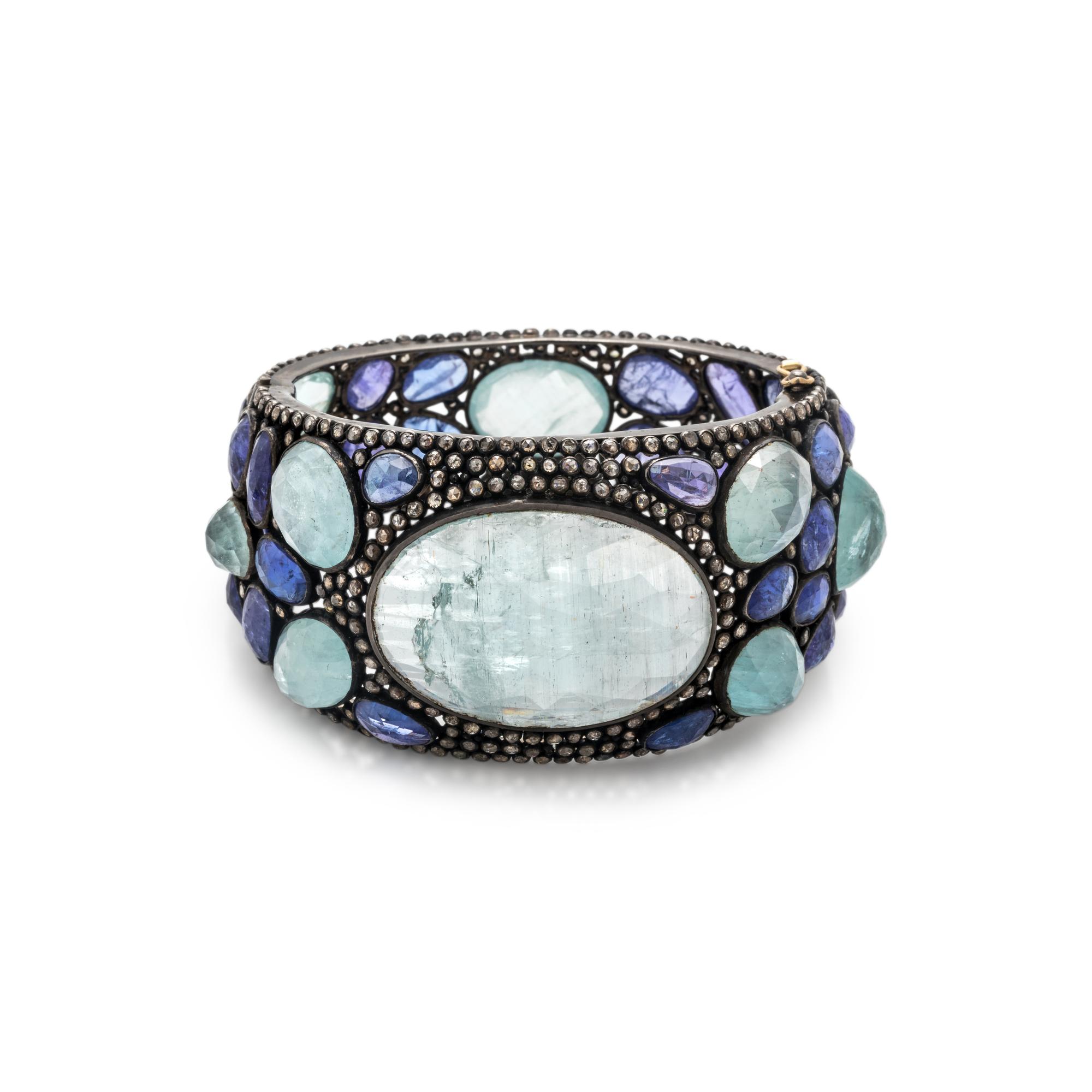 TOURMALINE, TANZANITE AND DIAMOND BANGLE BRACELET