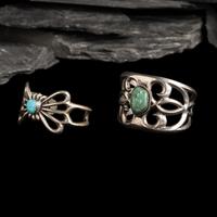 Navajo Sandcast Silver and Turquoise Cuff Bracelets