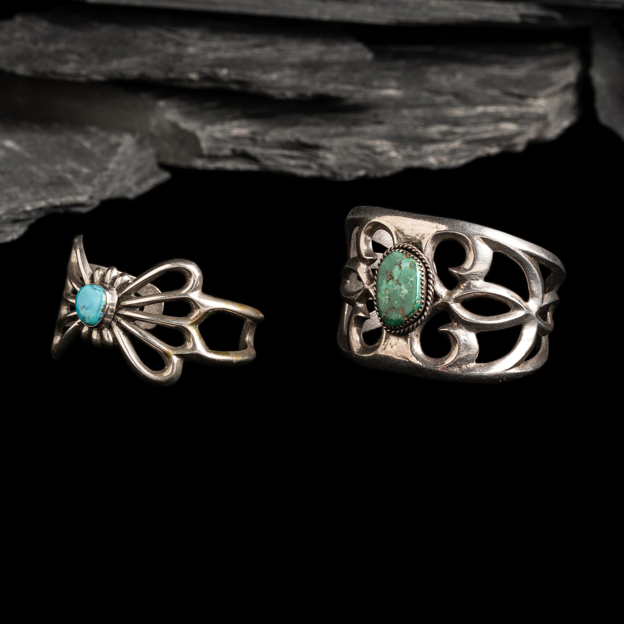 Navajo Sandcast Silver and Turquoise Cuff Bracelets