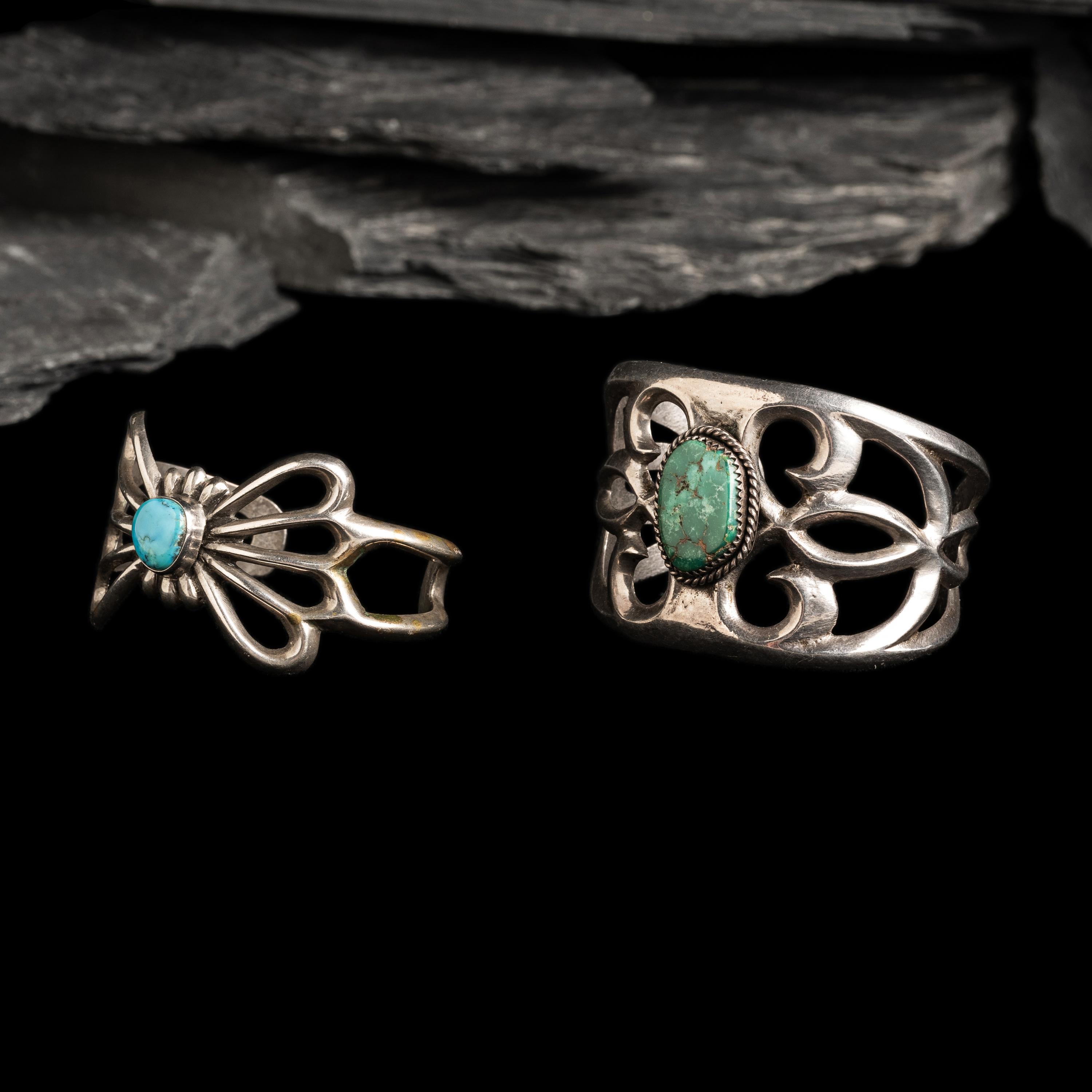 Navajo Sandcast Silver and Turquoise Cuff Bracelets