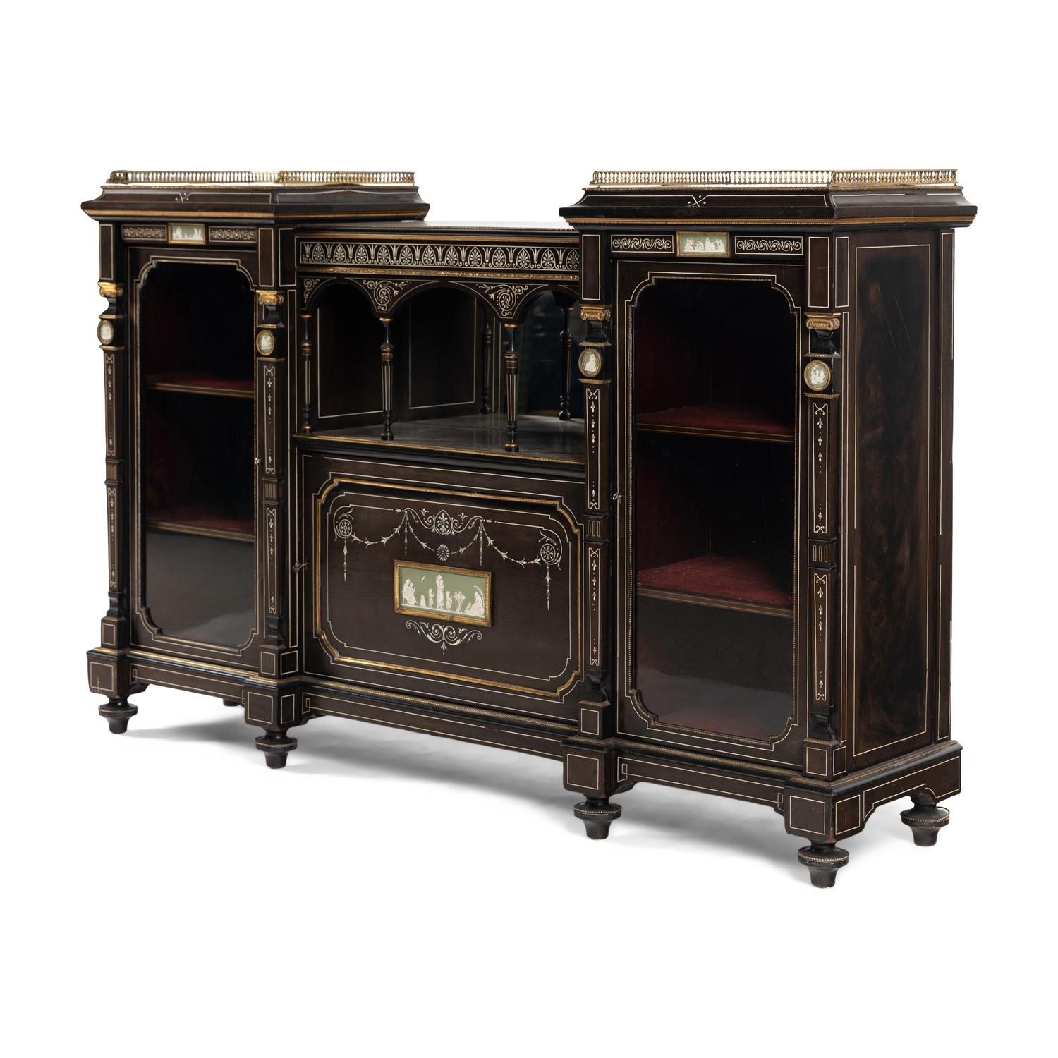 An English Aesthetic Movement Brass-Mounted and Wedgewood Jasperware Inset, Mahogany and Ebony Drawing Room Cabinet