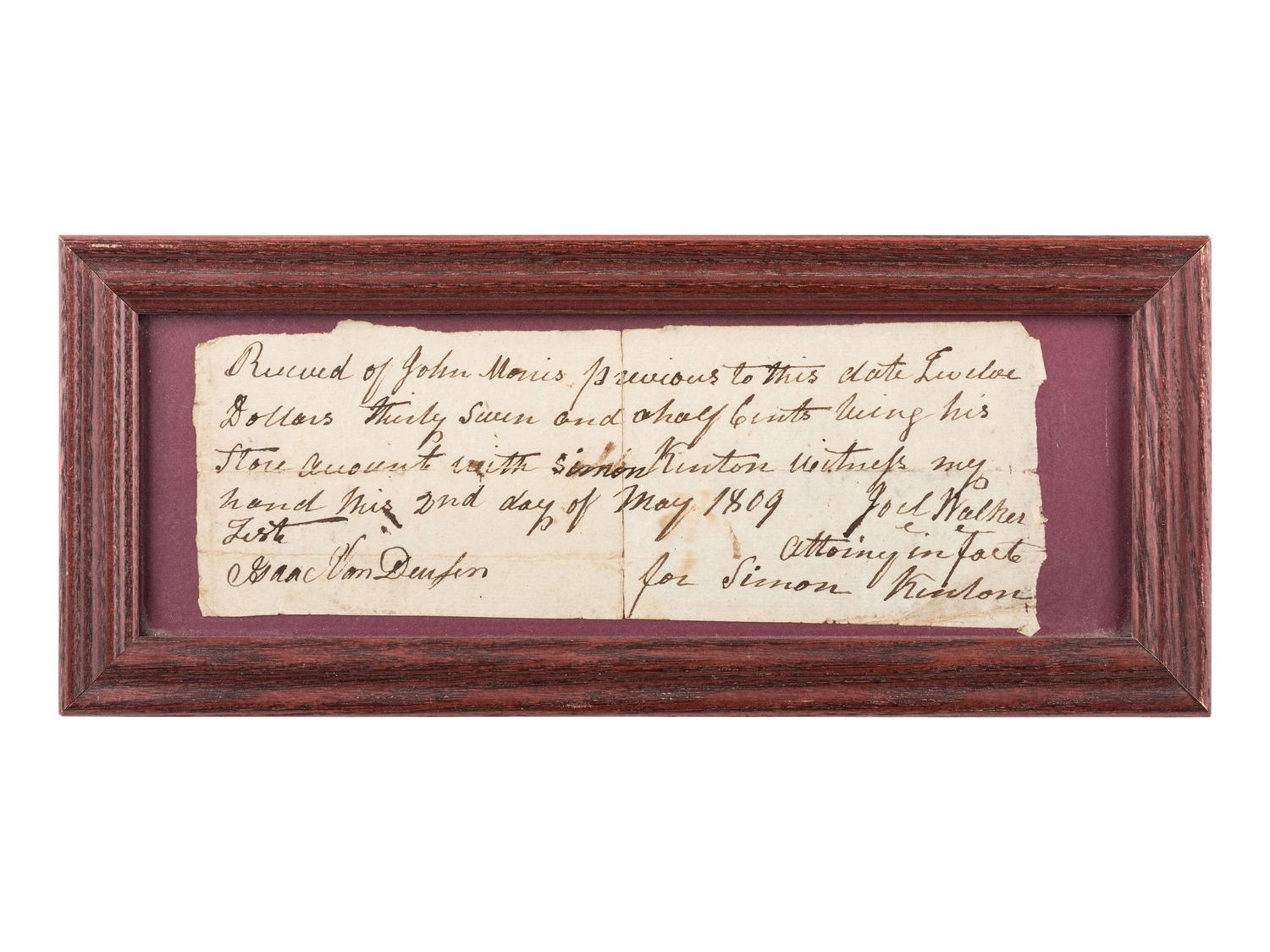 [KENTON, Simon (1755-1836).] An 1809 document signed by Simon Kenton's lawyer, Joel Walker, and another signed by his brother, John Kenton, in 1812.