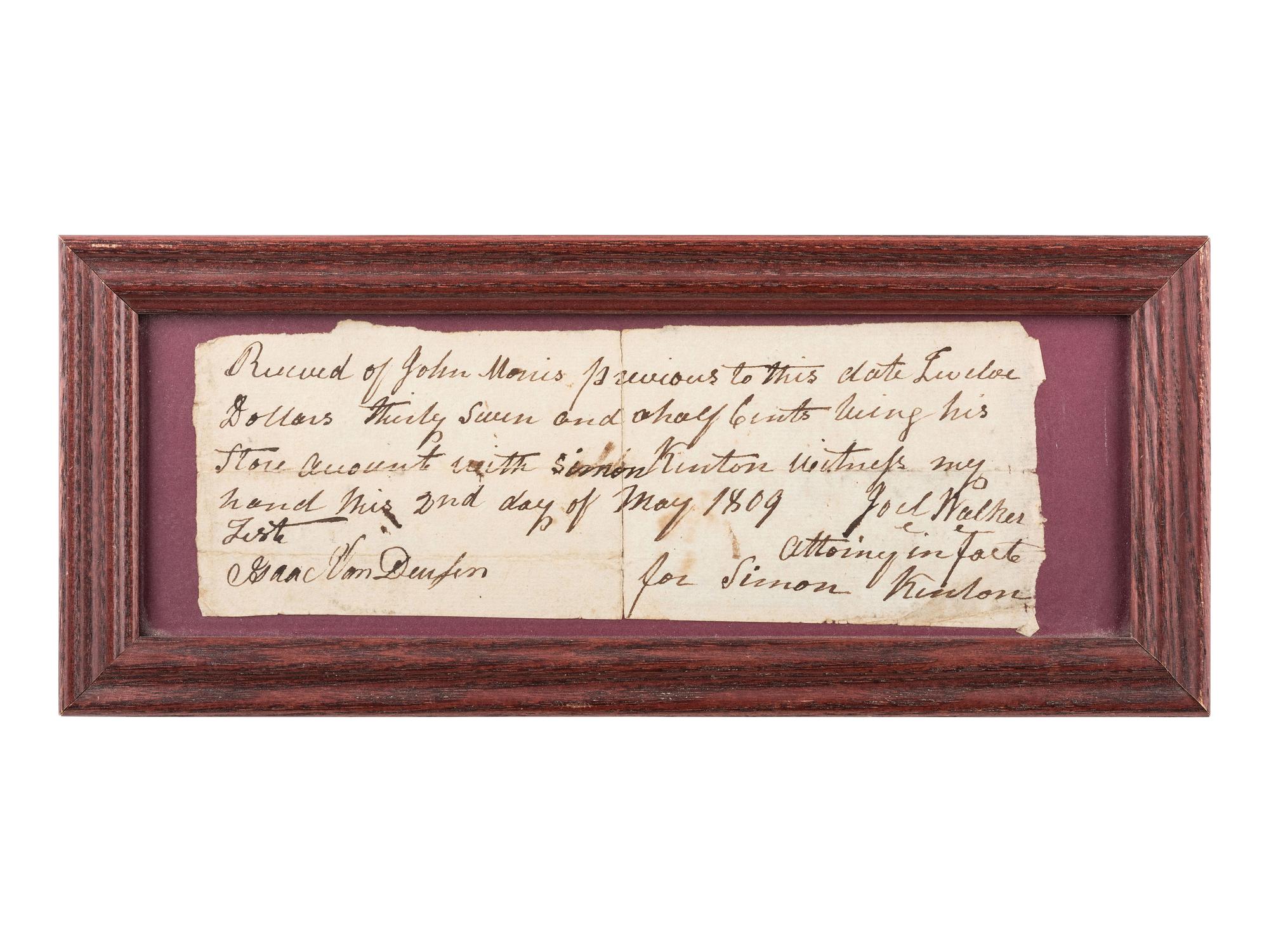 [KENTON, Simon (1755-1836).] An 1809 document signed by Simon Kenton's lawyer, Joel Walker, and another signed by his brother, John Kenton, in 1812.