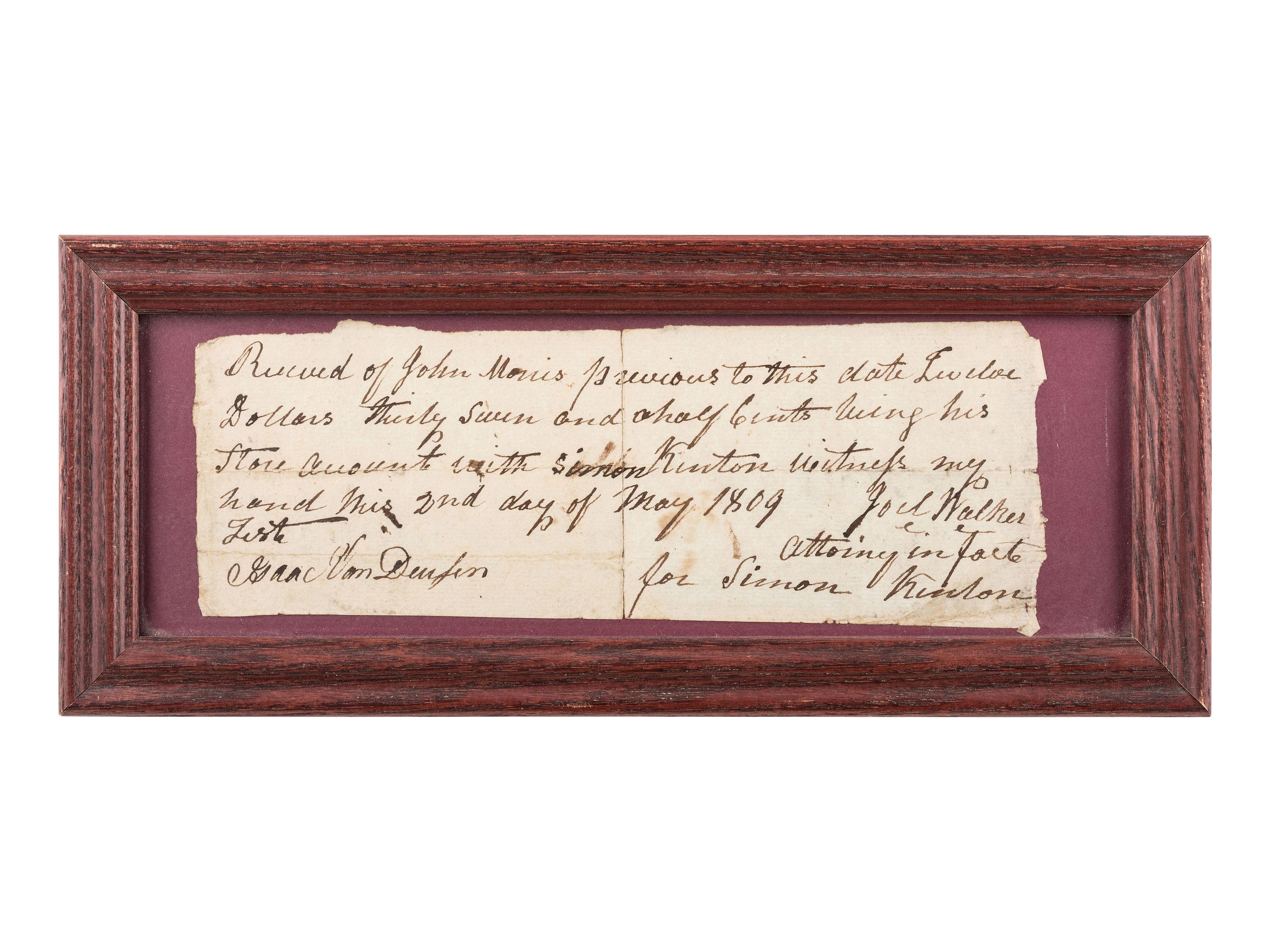 [KENTON, Simon (1755-1836).] An 1809 document signed by Simon Kenton's lawyer, Joel Walker, and another signed by his brother, John Kenton, in 1812.