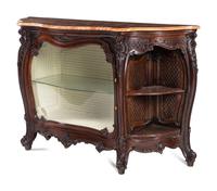 A Rococo Revival Carved Walnut Marble-Top Vitrine Cabinet