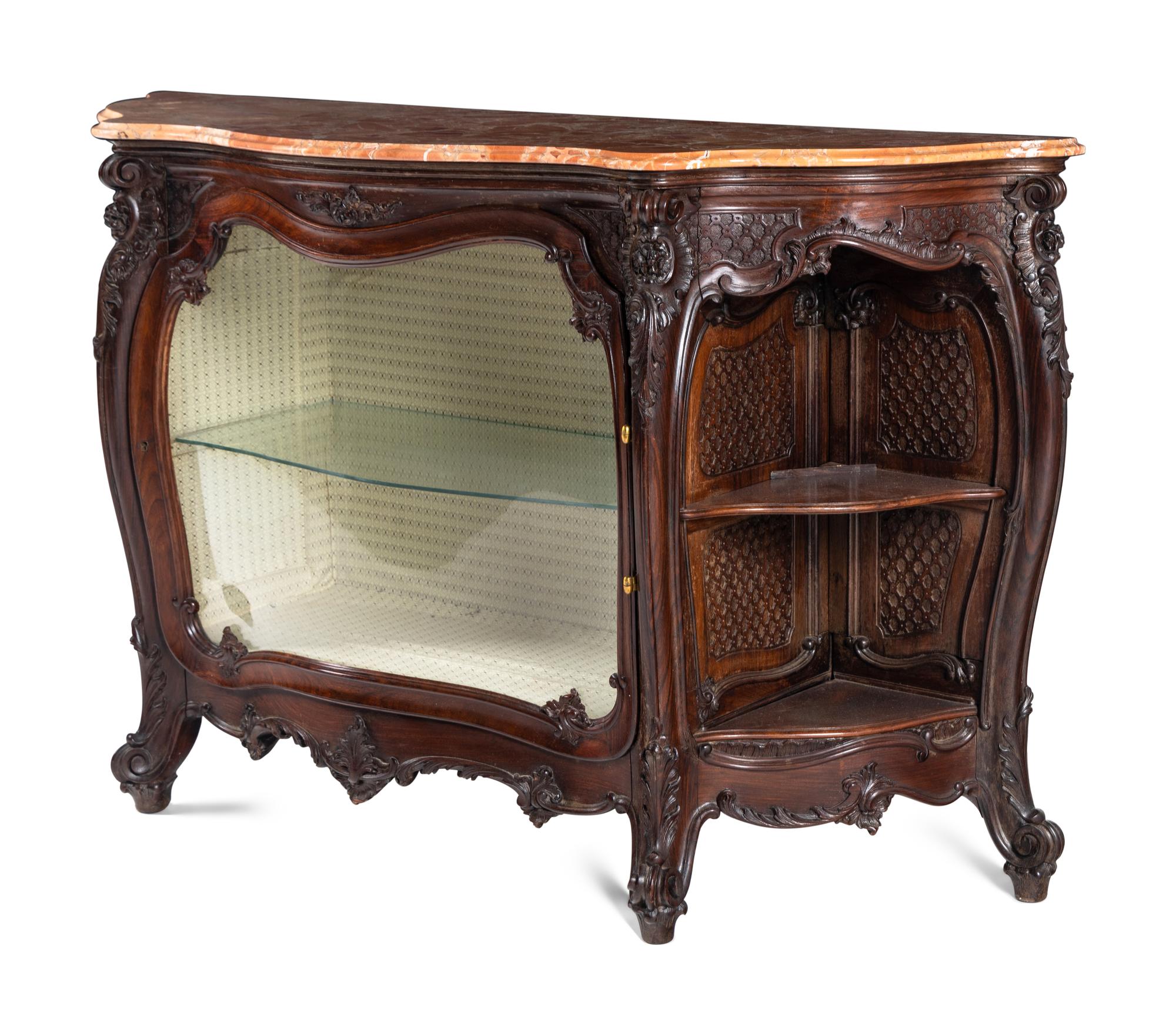 A Rococo Revival Carved Walnut Marble-Top Vitrine Cabinet