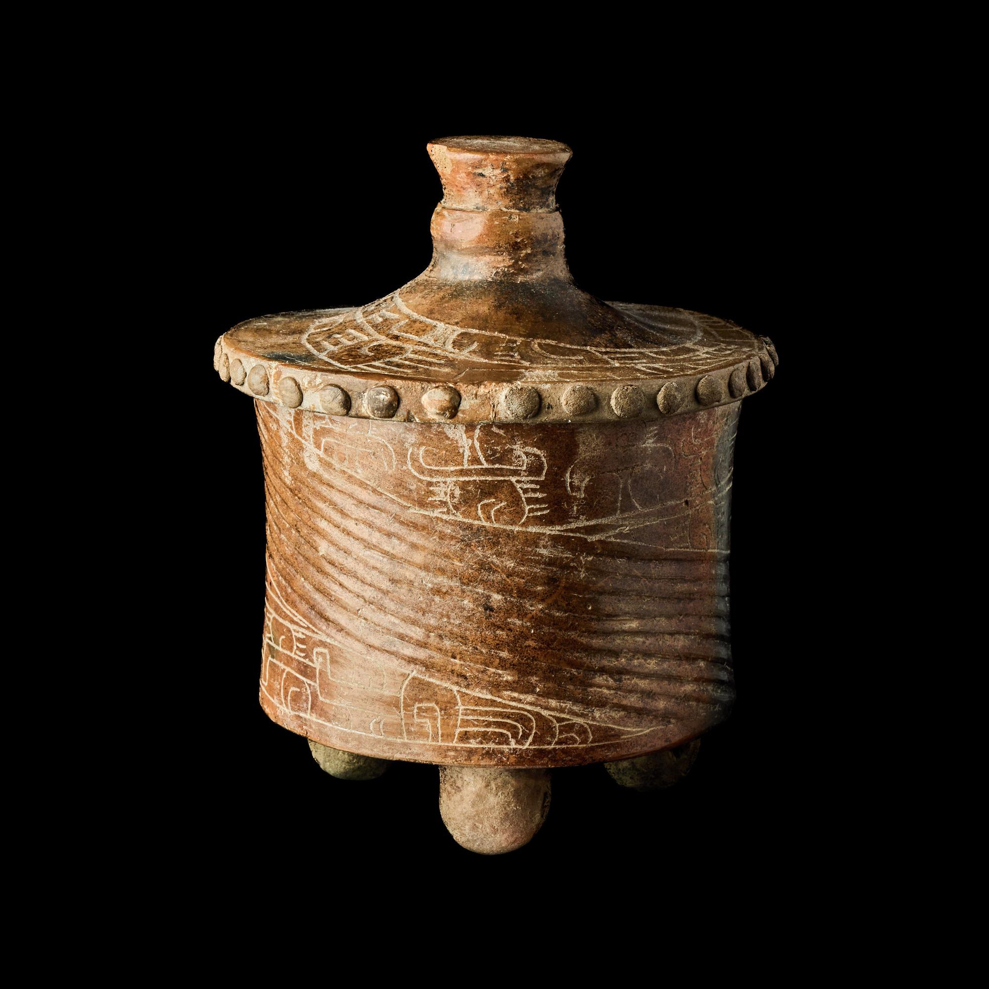 A Maya Incised Lidded Tripod Vessel