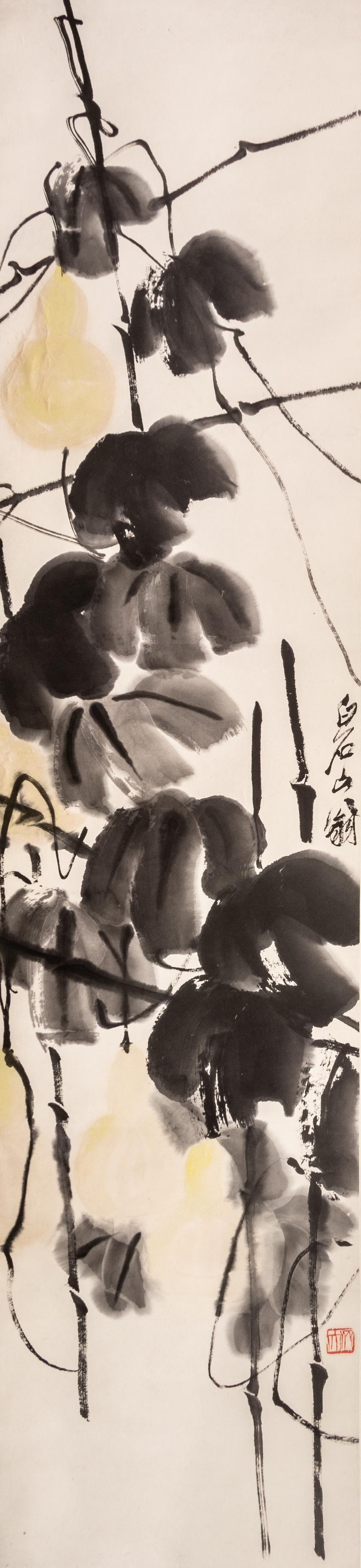 Attributed to Qi Baishi, (Chinese, 1864-1957), Camellieas, Gourds, Lotus and Mandarin Ducks