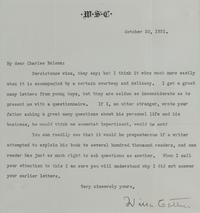 CATHER, Willa (1873-1947). Typed letter signed (“Willa Cather”), to Charles Nelson. N.p., 20 October 1931. 1 page, 8vo, visible area 180 x 170 mm, on monogrammed letterhead, light creasing, matted and framed, unexamined out of frame.