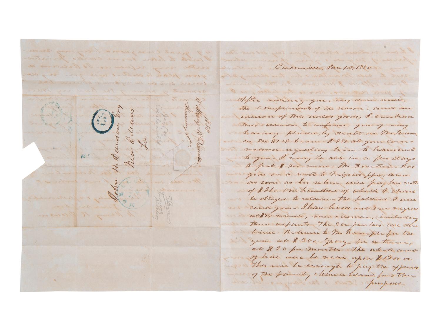 [ENSLAVEMENT]. Pair of letters from N. Henry R. DAWSON to his uncle regarding slaves. 1850.