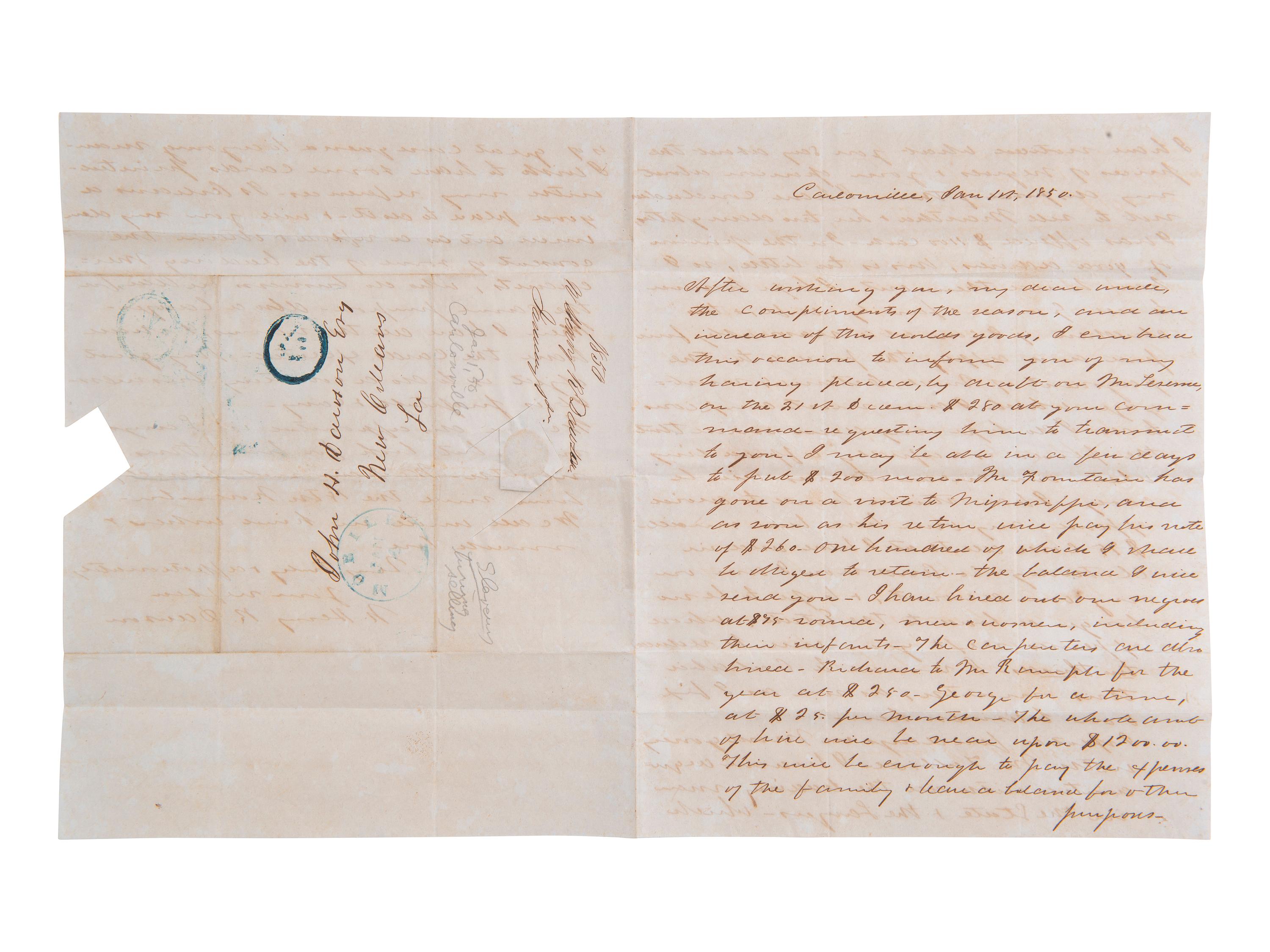 [ENSLAVEMENT]. Pair of letters from N. Henry R. DAWSON to his uncle regarding slaves. 1850.