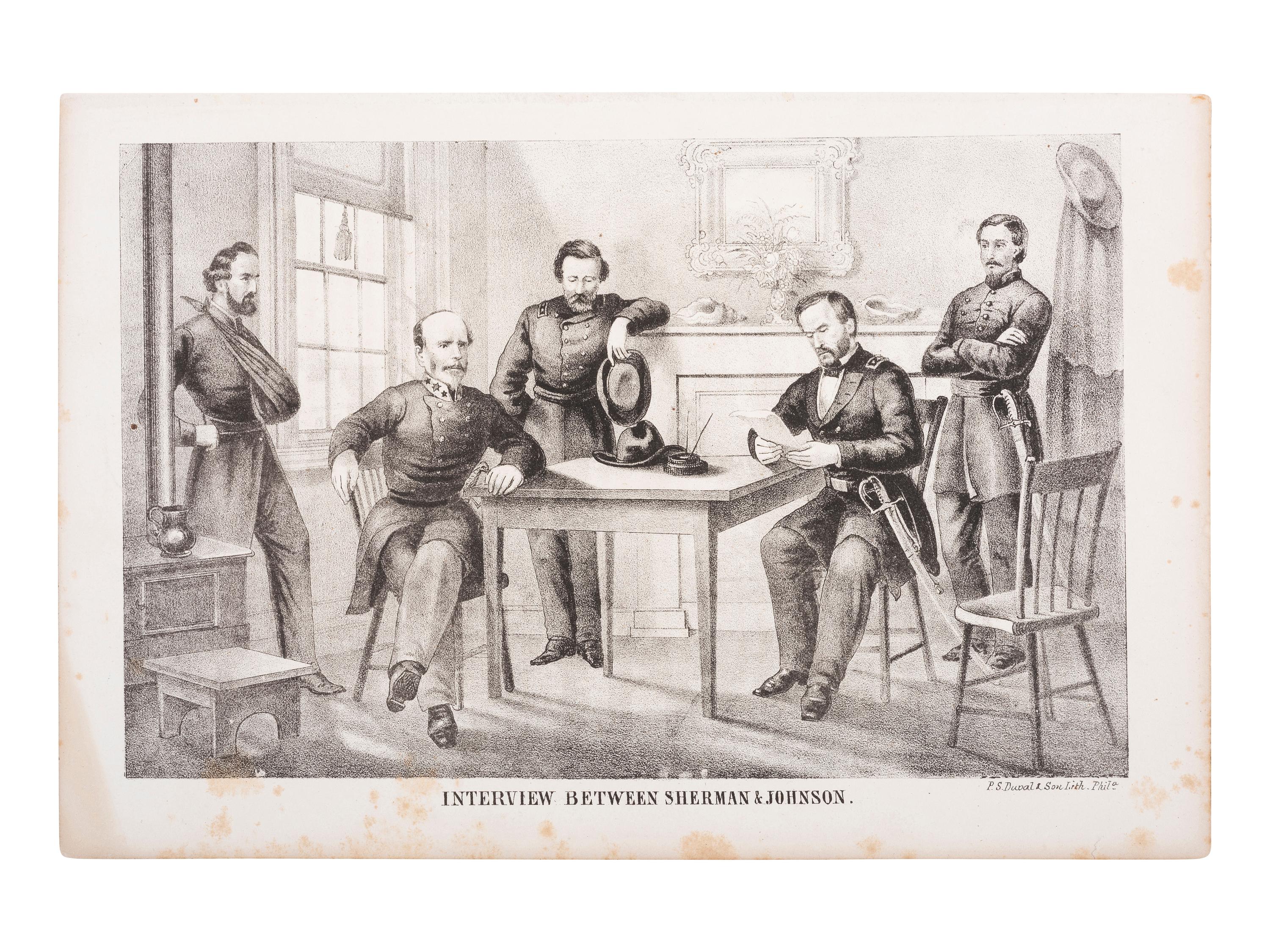 [CIVIL WAR]. Interview between Sherman & Johnson [sic]. Philadelphia: P.S. Duval & Son, Lith., [1865].