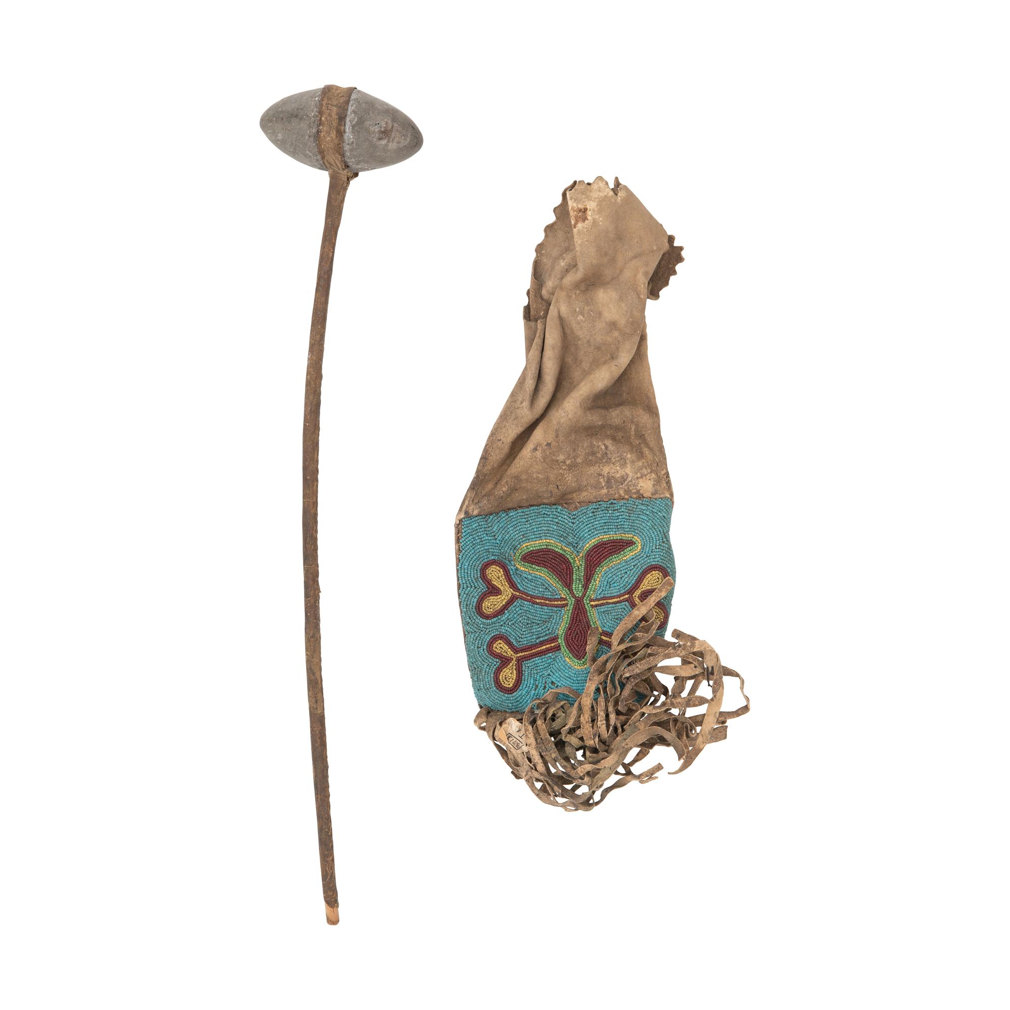 Northern Plains Beaded Hide Tobacco Bag AND Stone Club