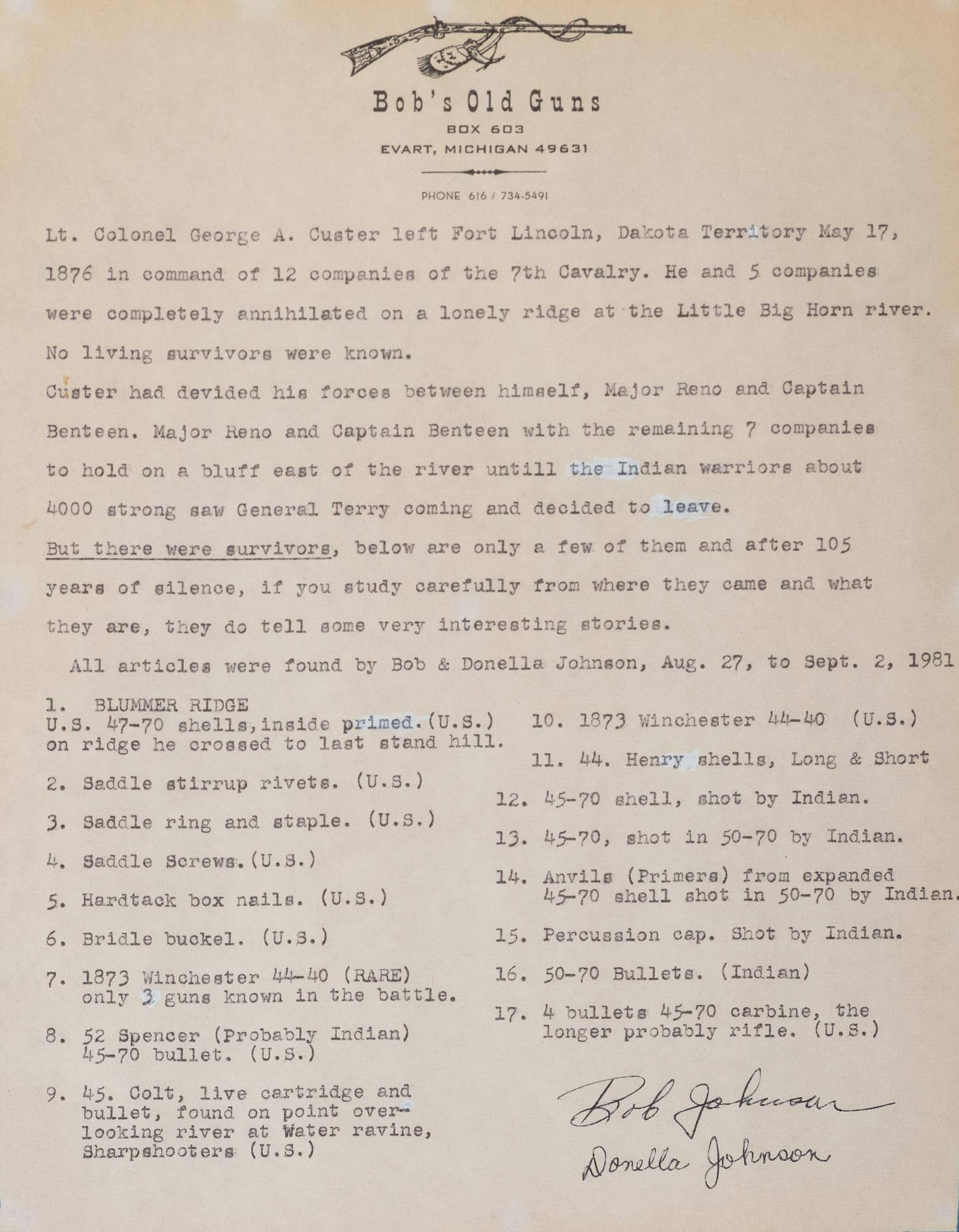[LATE INDIAN WARS]. Little Bighorn Battlefield relics, incl. shells, buckles, and bullets, found by Bob and Donella Johnson in 1981.