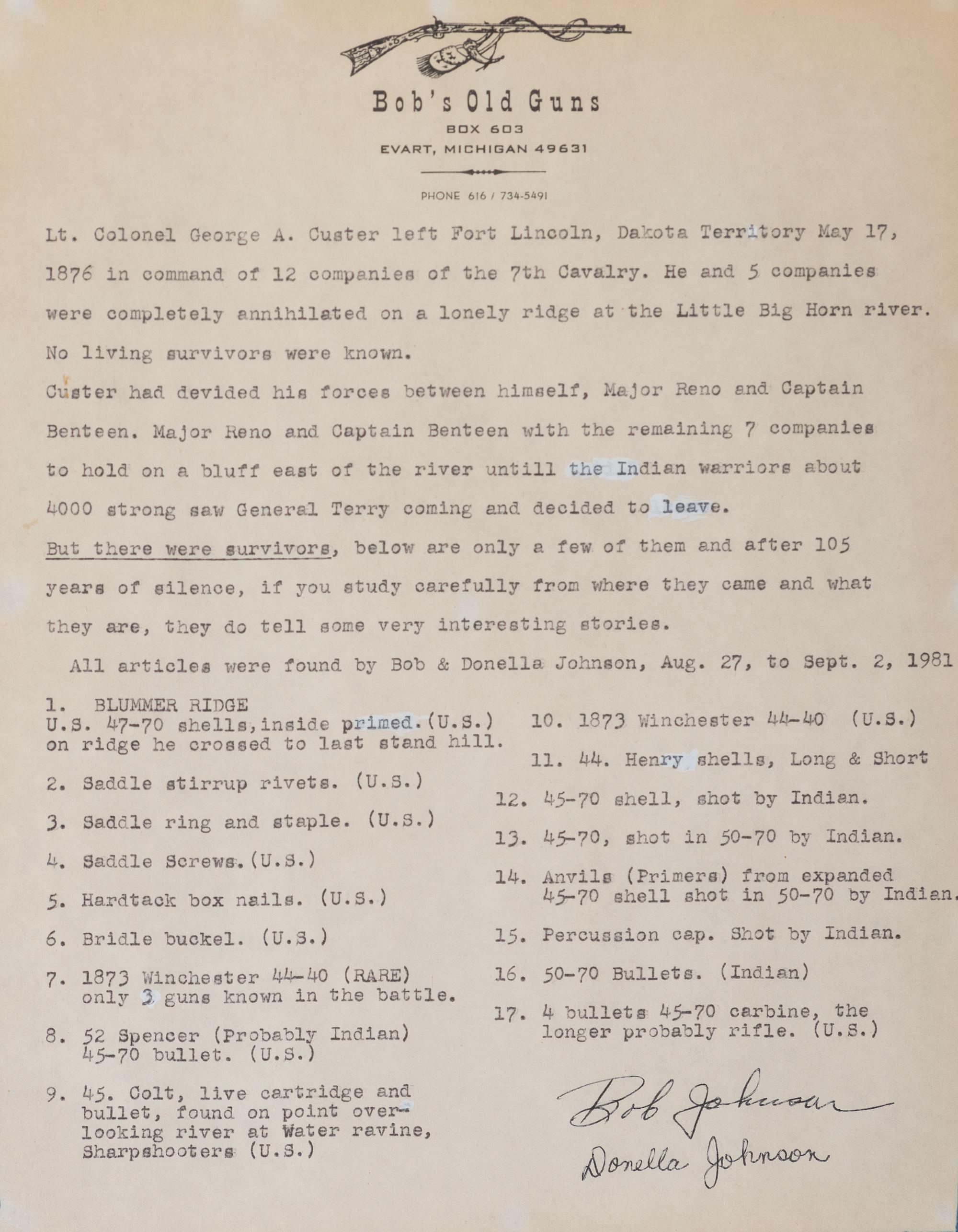 [LATE INDIAN WARS]. Little Bighorn Battlefield relics, incl. shells, buckles, and bullets, found by Bob and Donella Johnson in 1981.