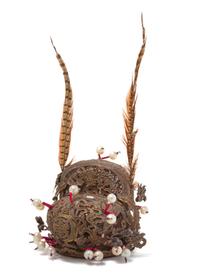 A Chinese Parcel Gilt and Lacquered, King Fisher and Pheasant Feather Decorated Performer's Hat 19TH CENTURY Height of hat 8 1/2 inches — 19TH CENTURY