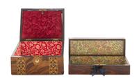 Two English Mother-of-Pearl Inlaid Boxes, Width of first 10 7/8 inches.