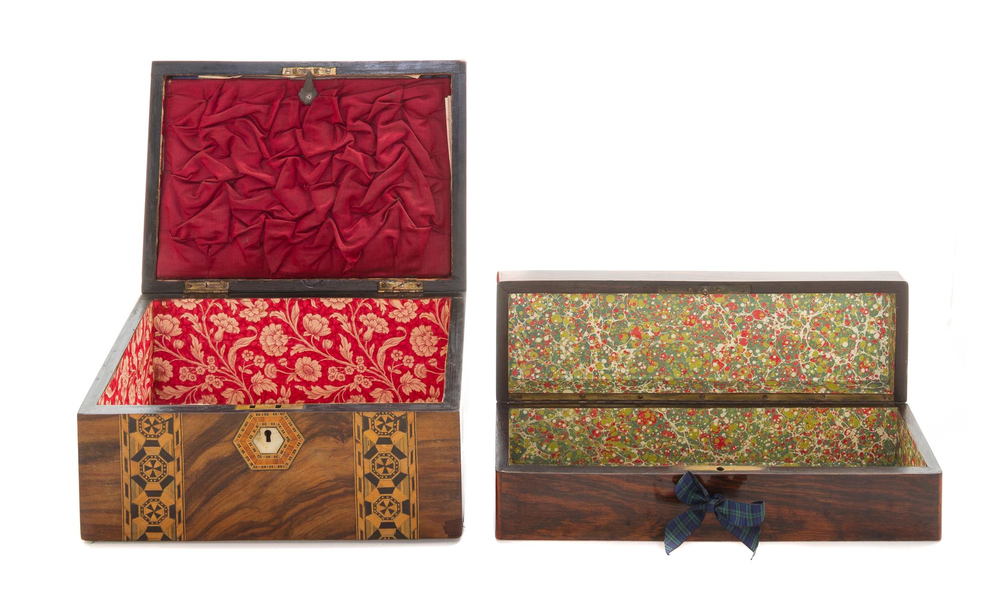 Two English Mother-of-Pearl Inlaid Boxes, Width of first 10 7/8 inches.