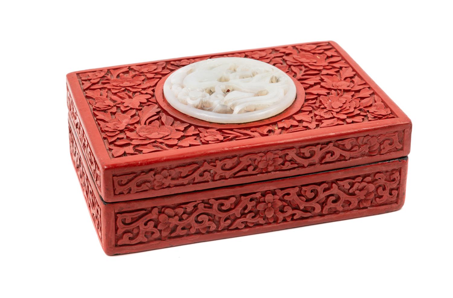 A Chinese Pale Celadon Jade Inset Carved Red Lacquer Rectangular Box and Cover