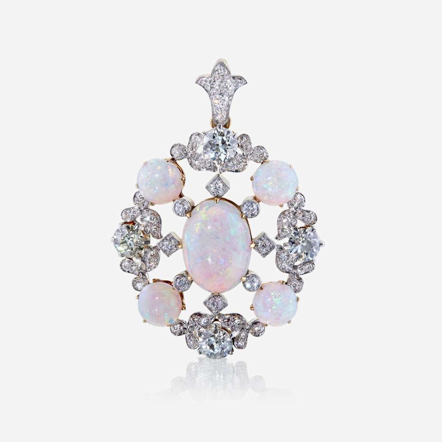An opal, diamond, and eighteen karat gold pendant, Tiffany & Co.