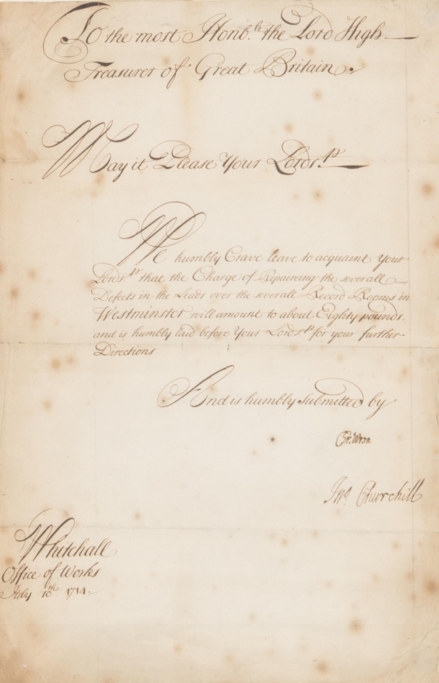 Wren, Christopher, Sir (1632-1723). Manuscript document signed ("Cr. Wren") to Sir William Wyndham, 3rd Baronet, Whitehall, 10 July 1714.