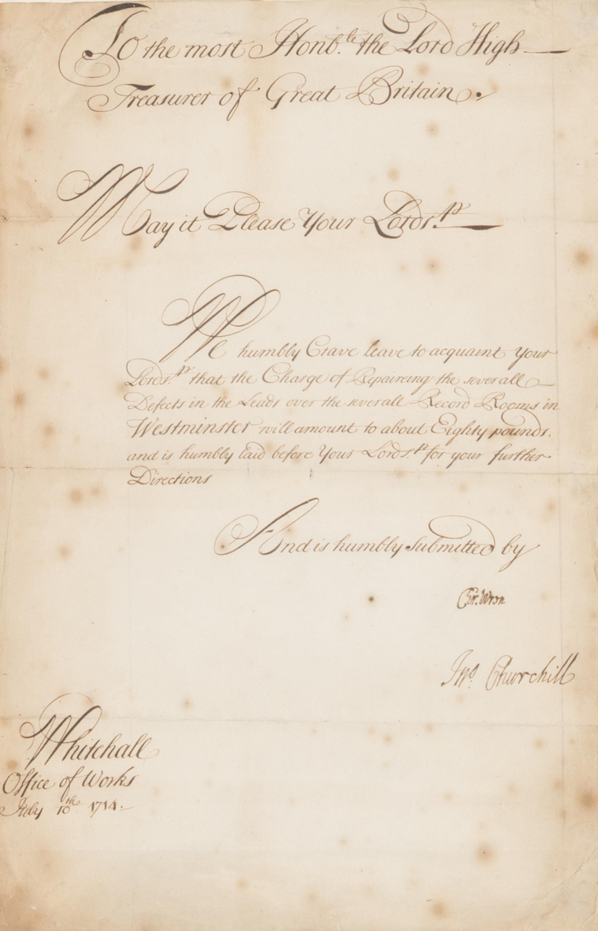 Wren, Christopher, Sir (1632-1723). Manuscript document signed ("Cr. Wren") to Sir William Wyndham, 3rd Baronet, Whitehall, 10 July 1714.