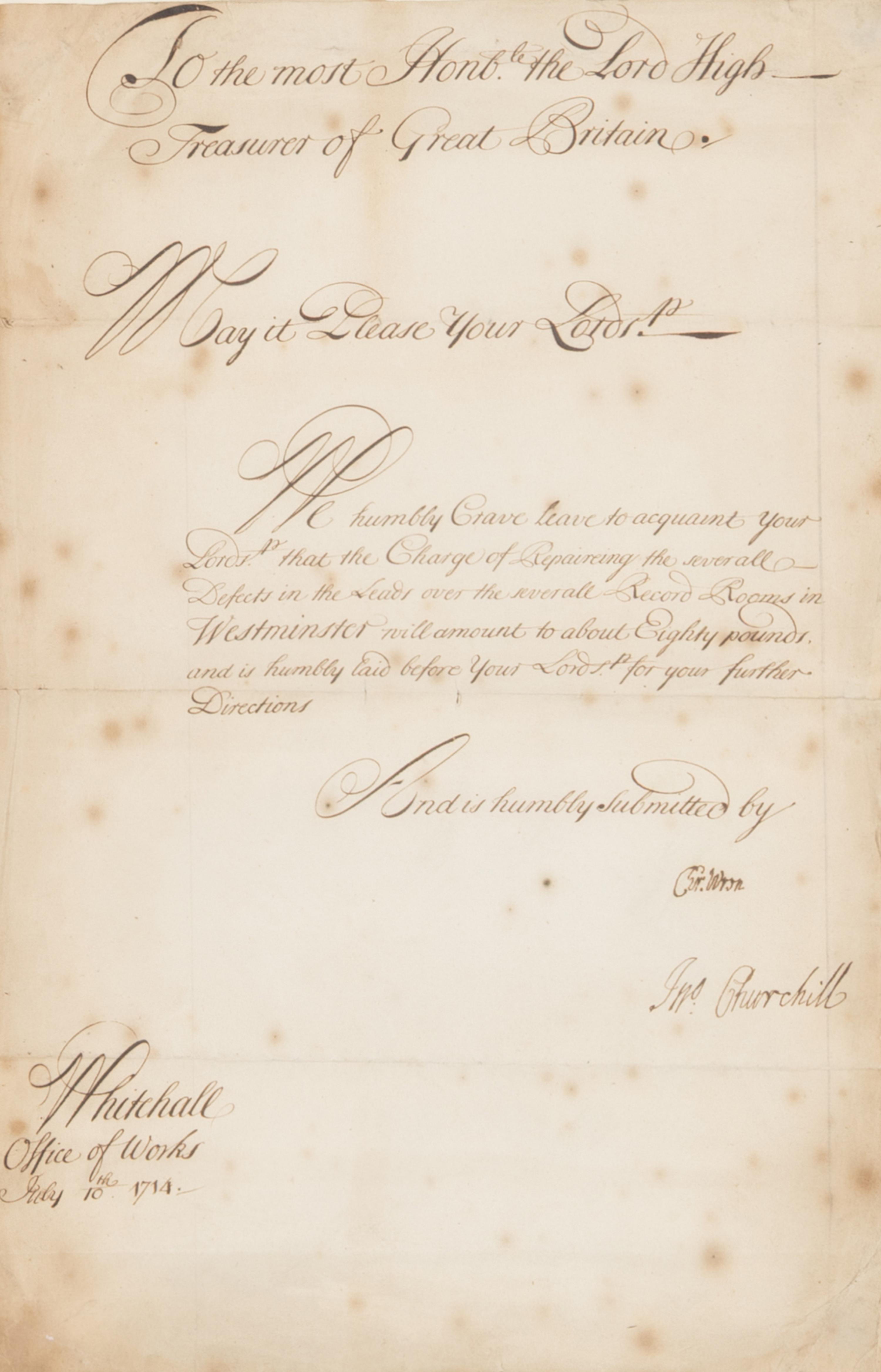 Wren, Christopher, Sir (1632-1723). Manuscript document signed ("Cr. Wren") to Sir William Wyndham, 3rd Baronet, Whitehall, 10 July 1714.