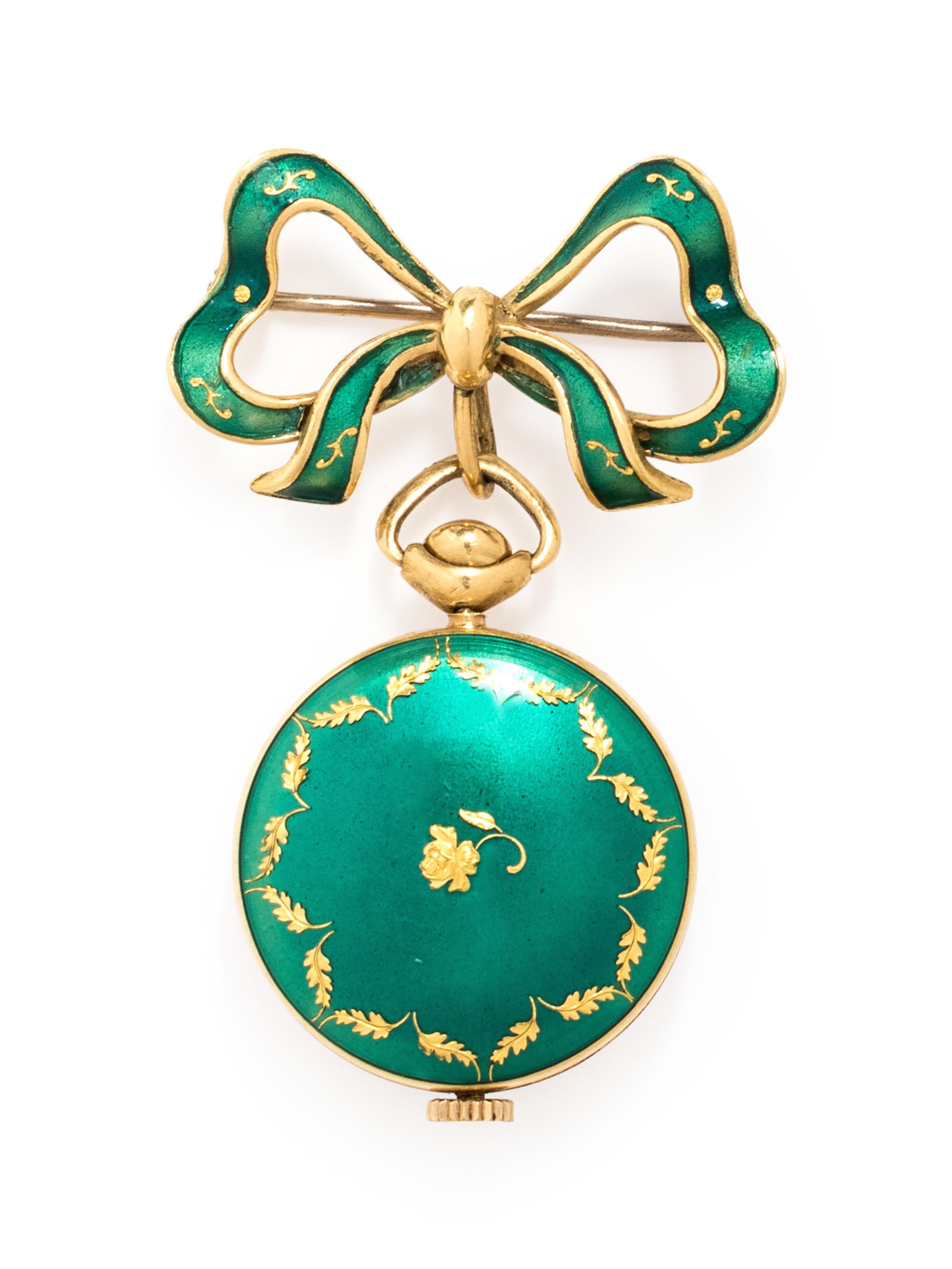 An 18 Karat Yellow Gold and Enamel Lapel Watch, Unver,