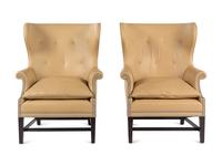 A Pair of Victoria Hagan Leather-Upholstered Wingback Armchairs