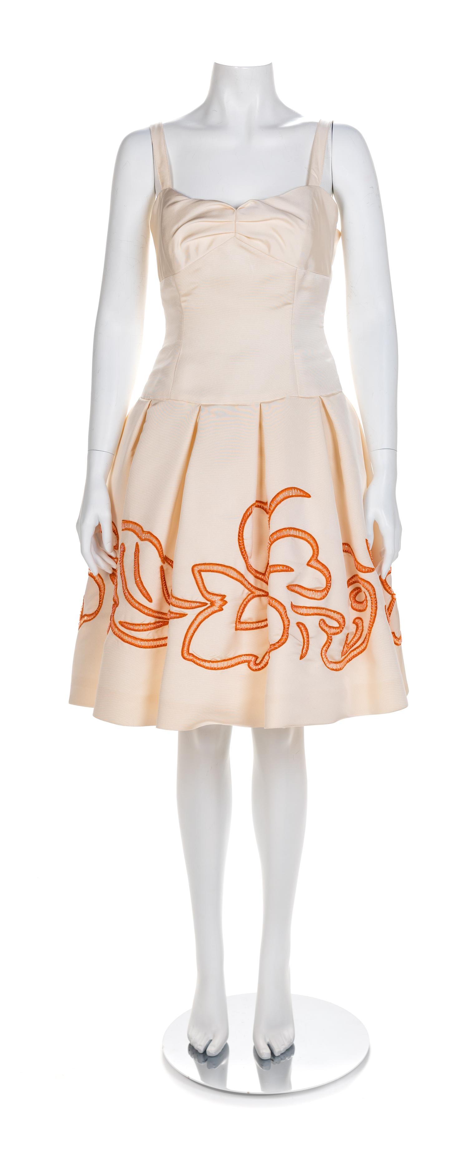 Roland Nivelias White Dress with Print and Embroidery, 1990-2000s