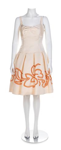 Roland Nivelias White Dress with Print and Embroidery, 1990-2000s