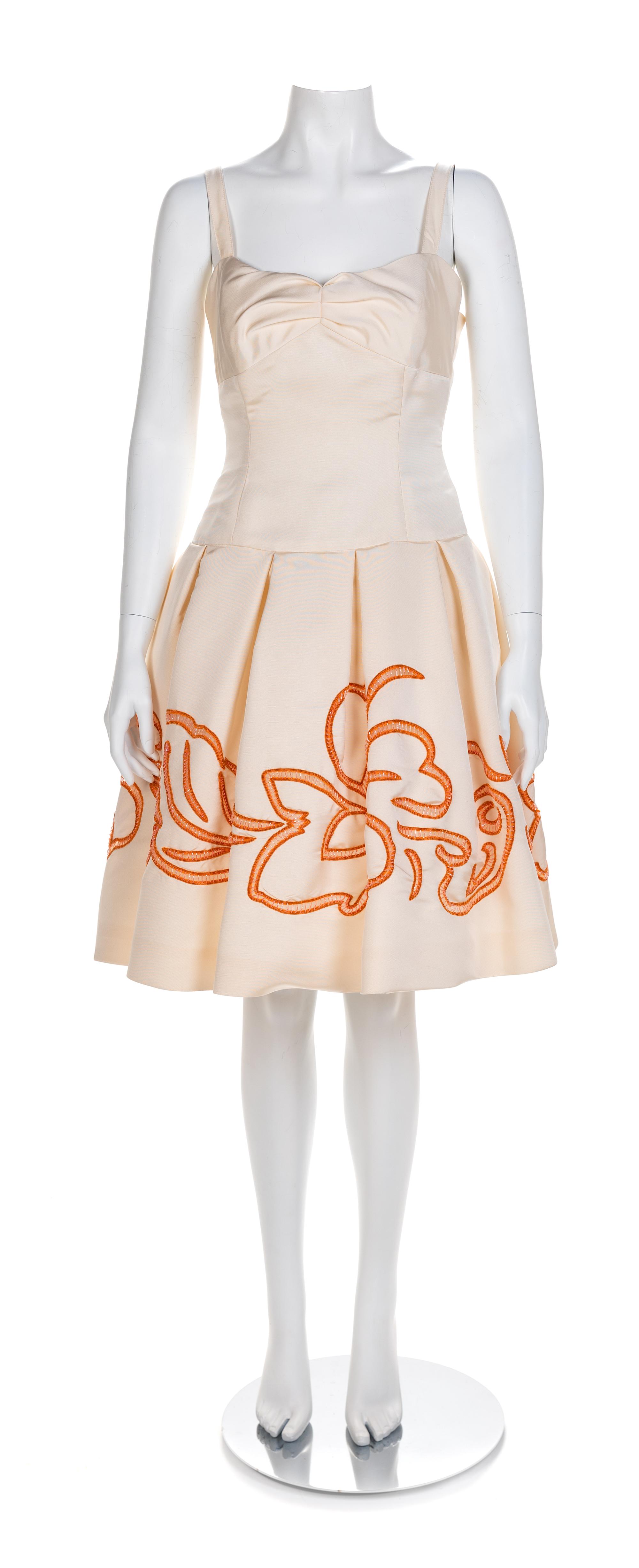 Roland Nivelias White Dress with Print and Embroidery, 1990-2000s