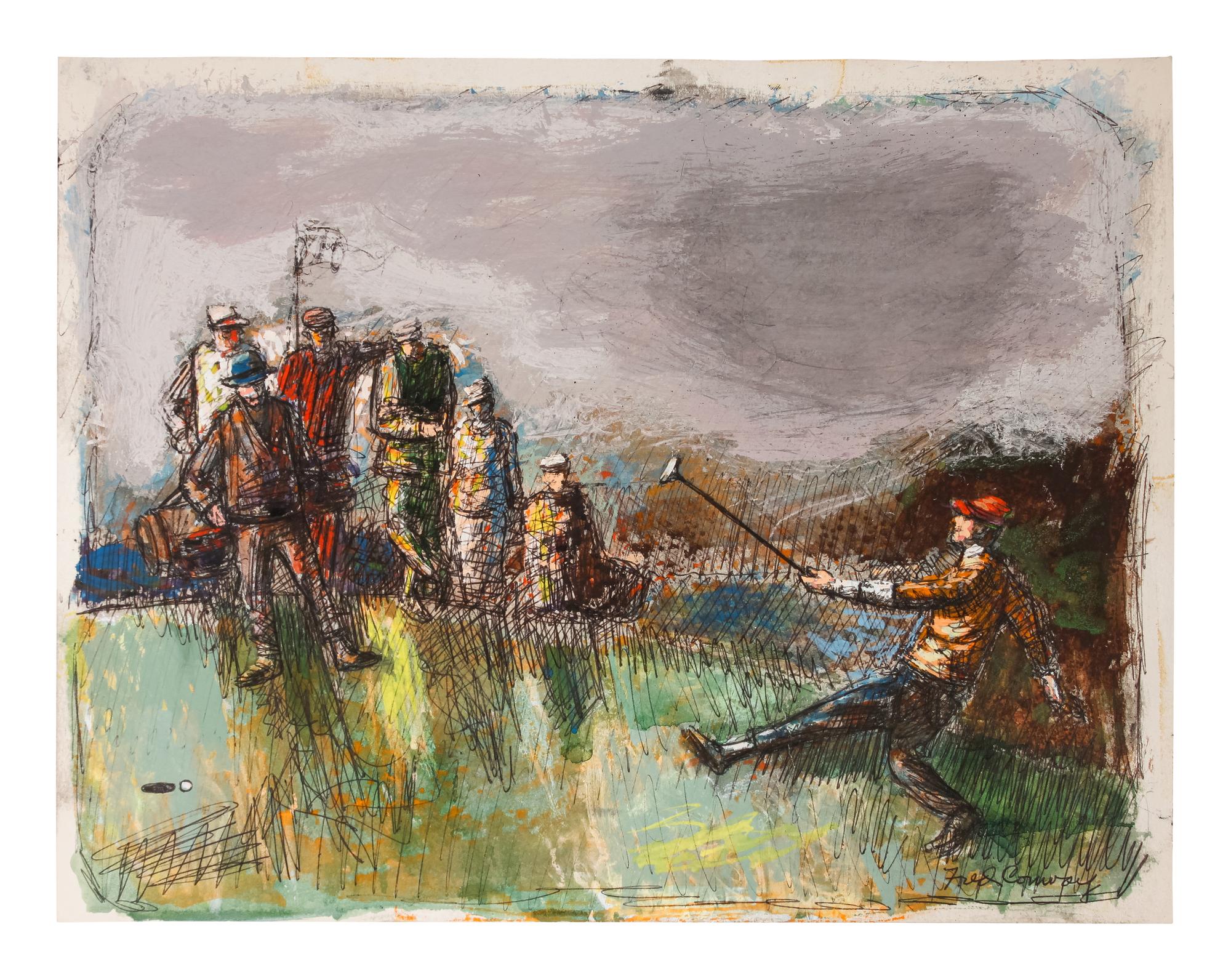 Four works: 19th Hole, 1971; Untitled (Golf Scene); Untitled (Golfers Under Tree); and Golfers ABC , 1964