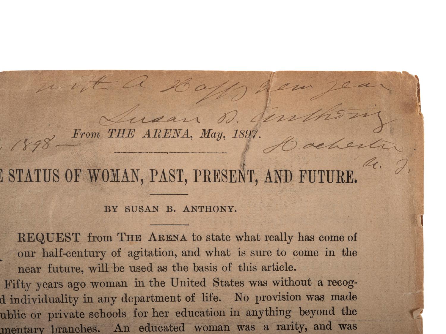 [WOMEN'S SUFFRAGE]. ANTHONY, Susan B. (1820-1906). The Status of Woman, Past, Present, and Future. [Boston?]: [Arena Publishing Co.], 1897. INSCRIBED BY ANTHONY.