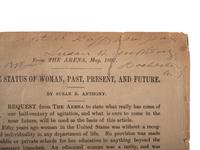 [WOMEN'S SUFFRAGE]. ANTHONY, Susan B. (1820-1906). The Status of Woman, Past, Present, and Future. [Boston?]: [Arena Publishing Co.], 1897. INSCRIBED BY ANTHONY.