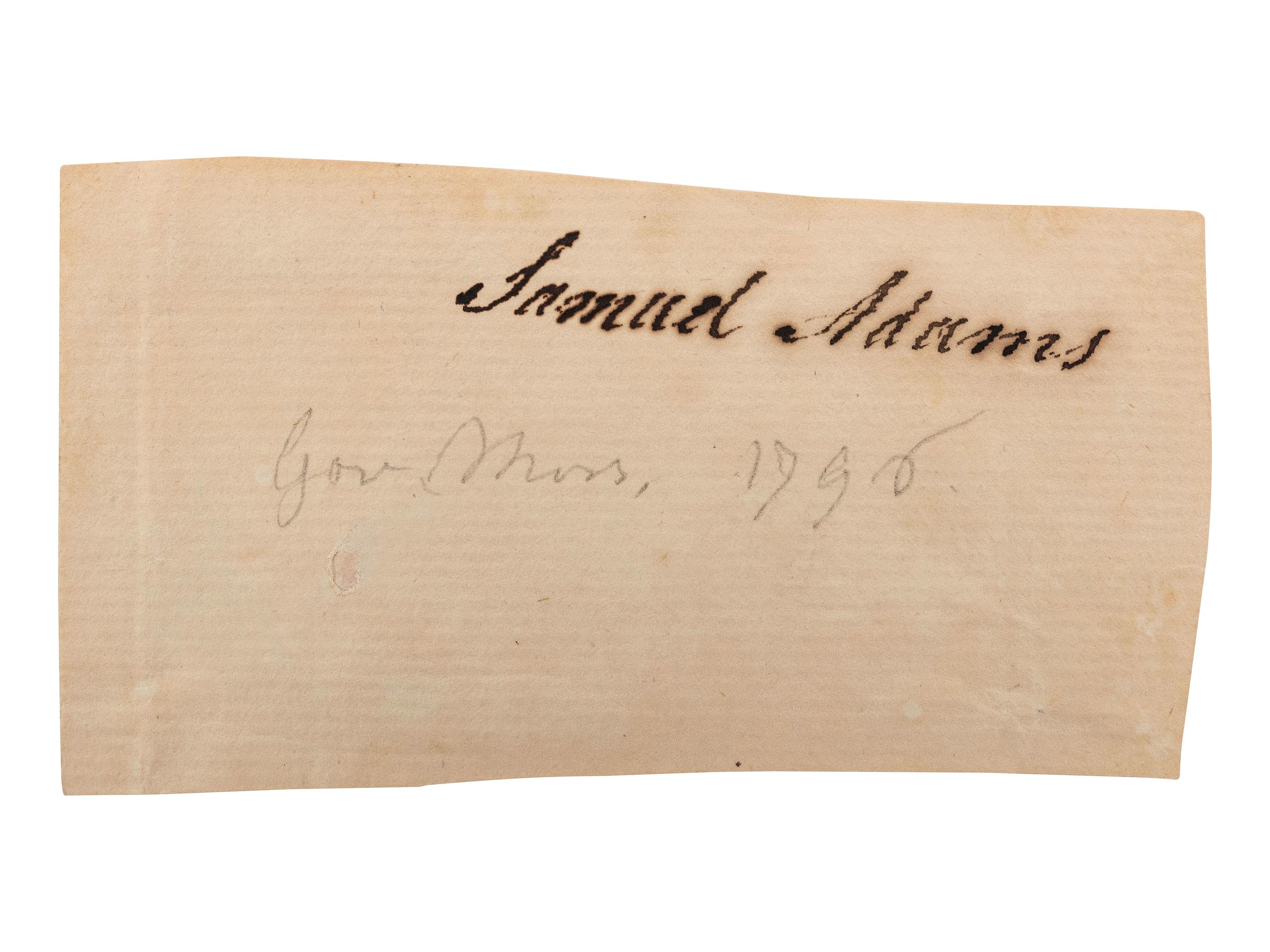 [FOUNDING FATHER]. ADAMS, Samuel (1722-1803). Clipped signature ("Samuel Adams"), n.p, n.d.