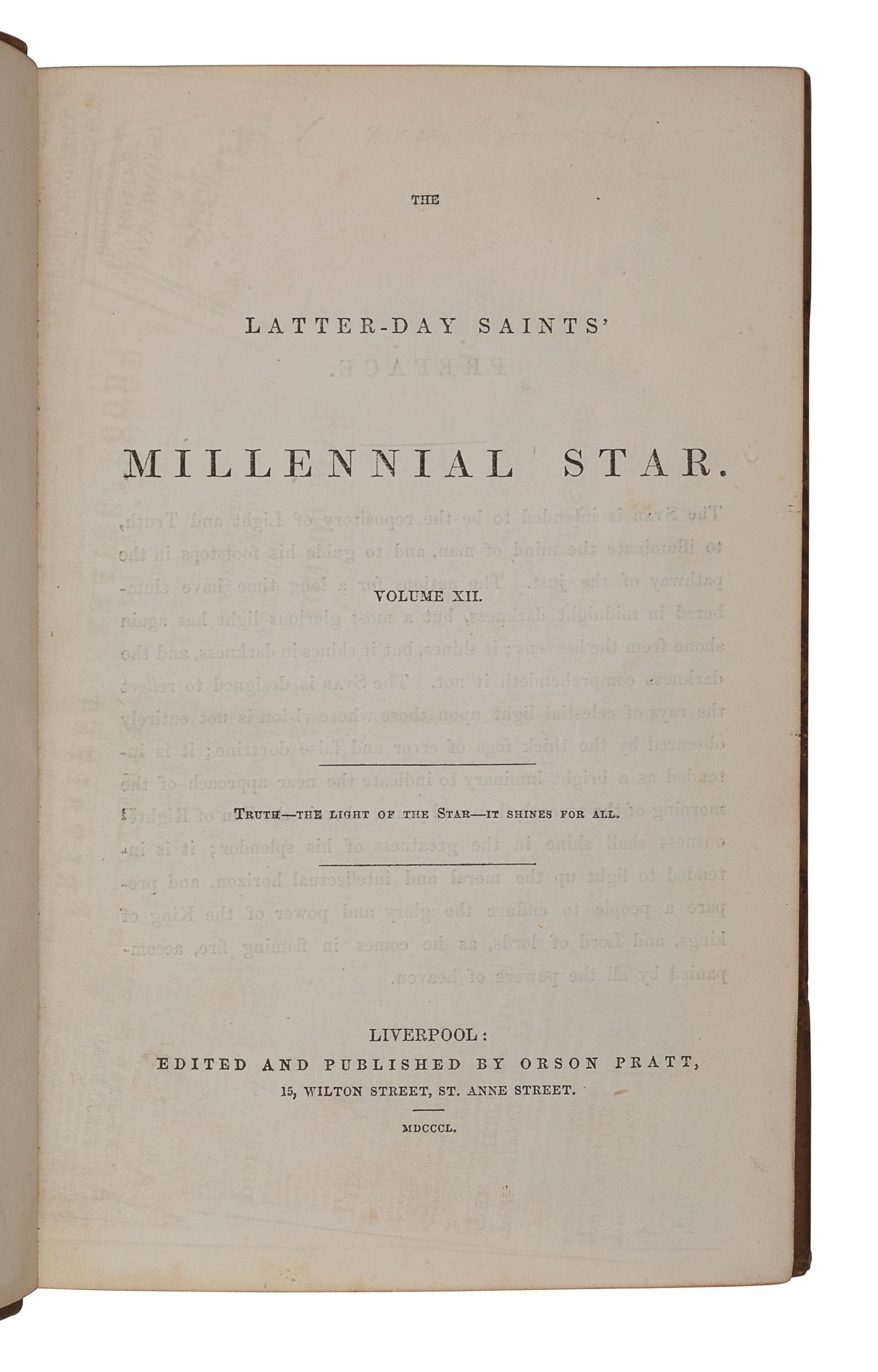 [MORMONISM]. The Latter-Day Saints Millennial Star, Volume XII . Liverpool: Edited and Published by Orson Pratt, 1850.
