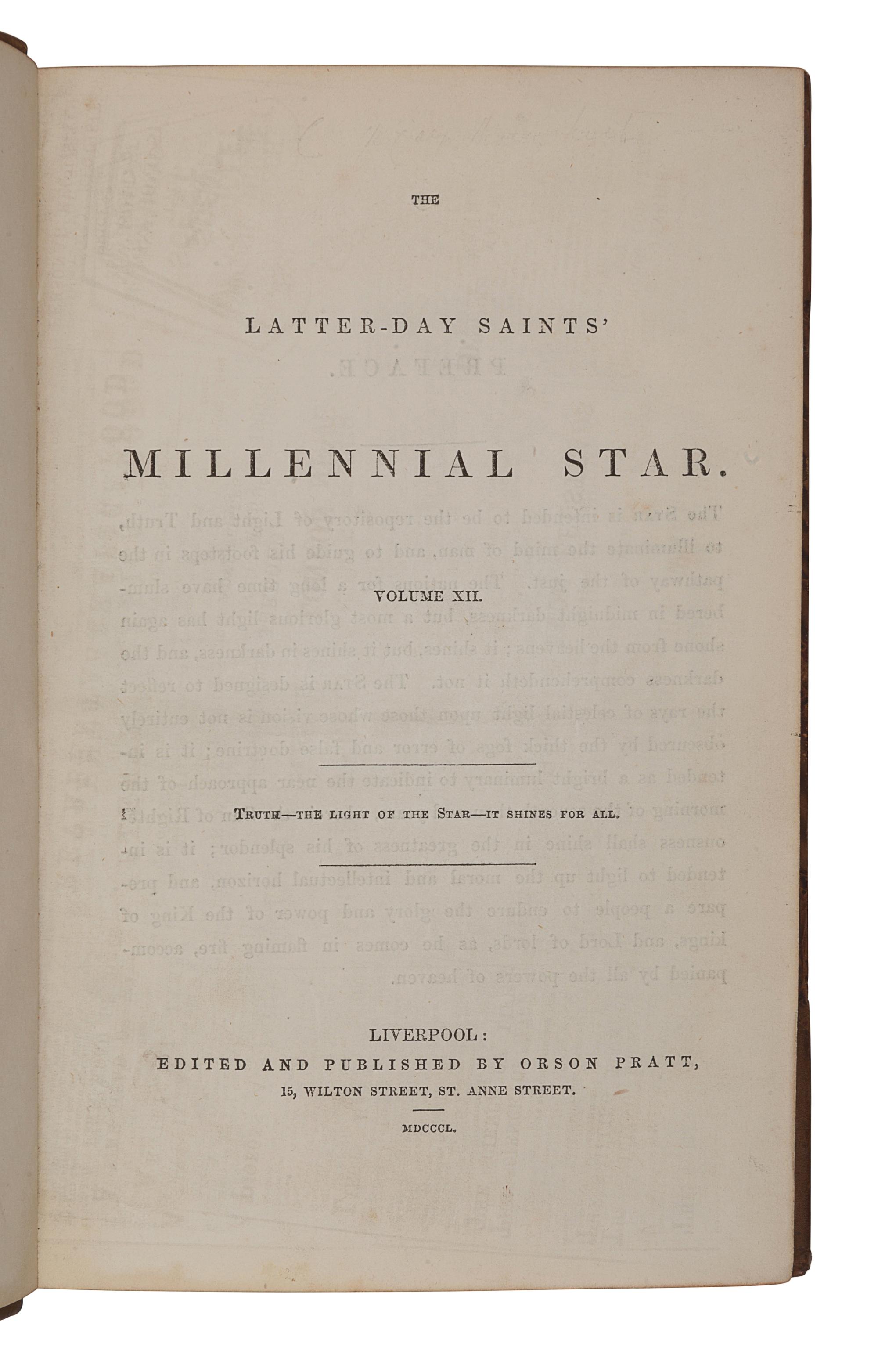 [MORMONISM]. The Latter-Day Saints Millennial Star, Volume XII . Liverpool: Edited and Published by Orson Pratt, 1850.
