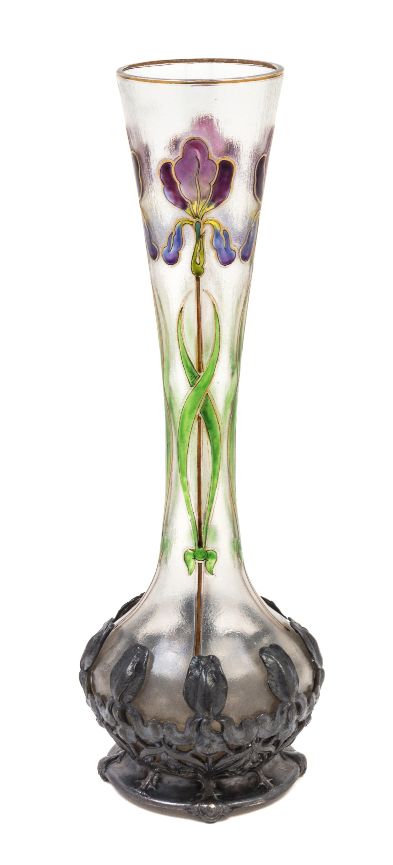 An Art Nouveau Enameled Glass Vase Height 12 3/4 inches.
