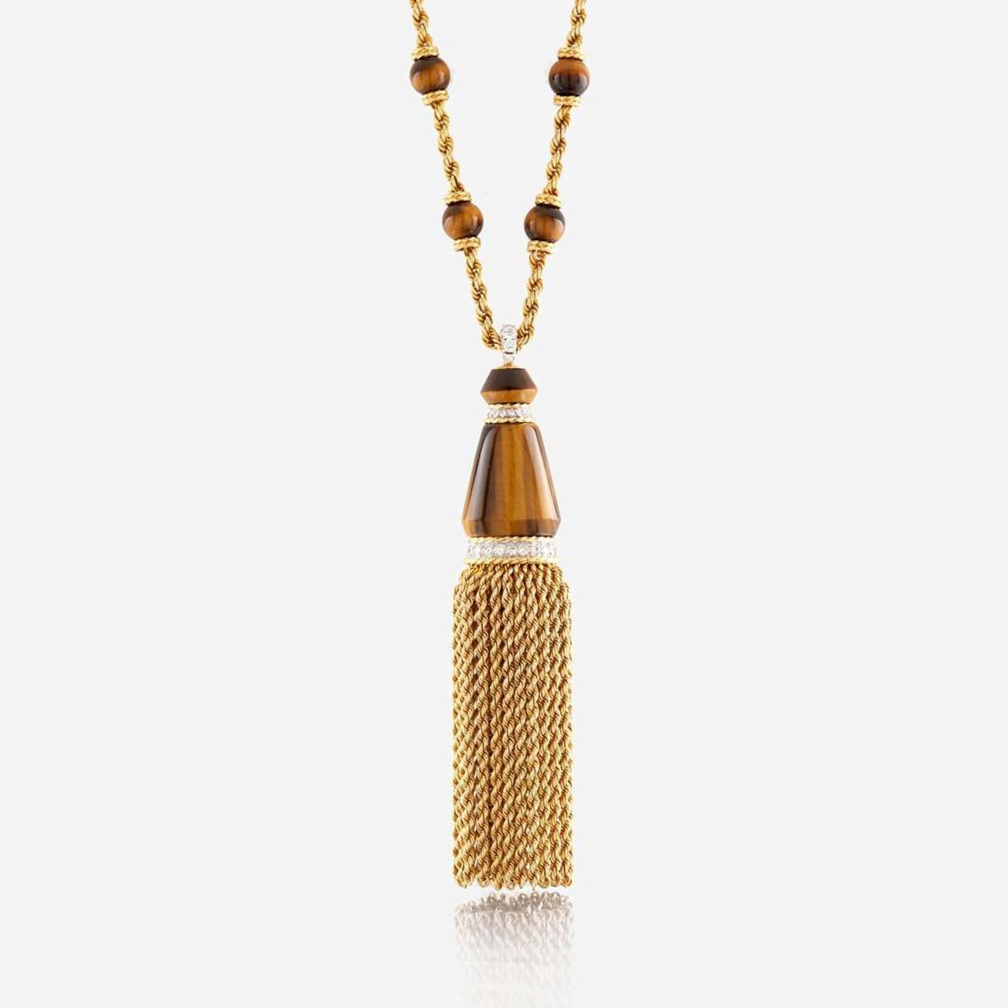 A gold, tiger's eye quartz, and diamond sautoir, Kutchinsky c. 1971