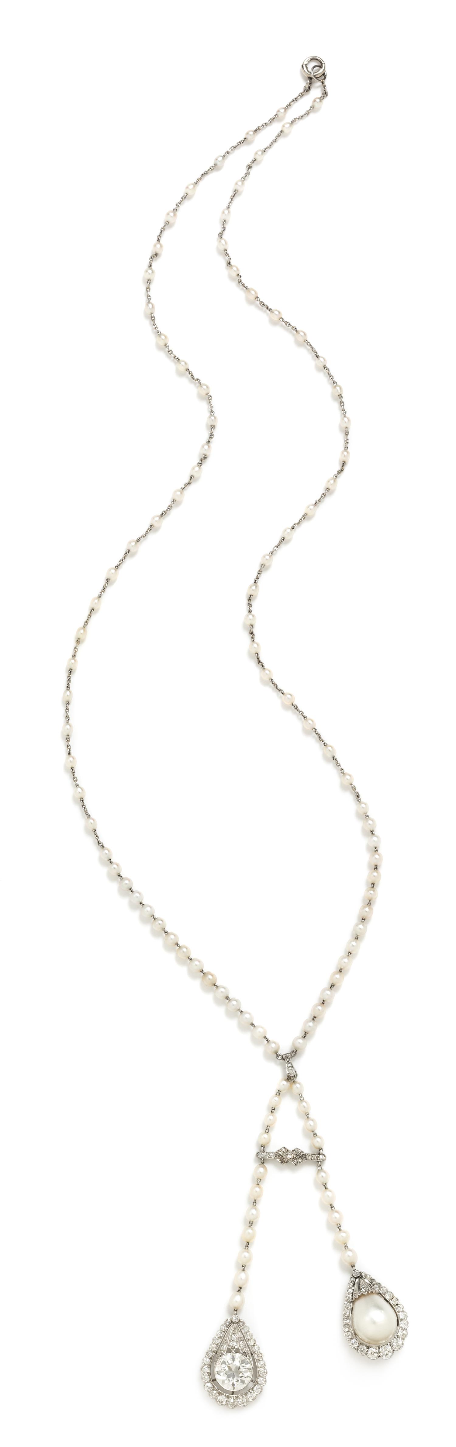 An Antique Platinum, Diamond and Natural Pearl Negligee Necklace, 12.80 dwts.