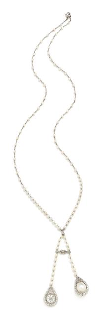 An Antique Platinum, Diamond and Natural Pearl Negligee Necklace, 12.80 dwts.