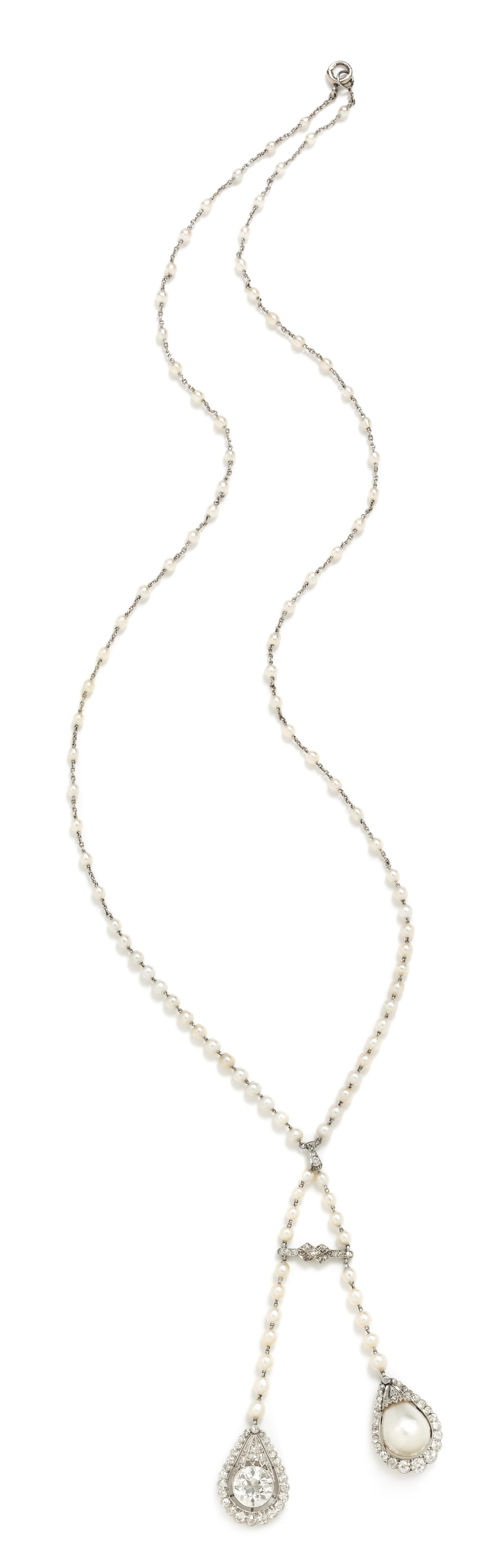 An Antique Platinum, Diamond and Natural Pearl Negligee Necklace, 12.80 dwts.