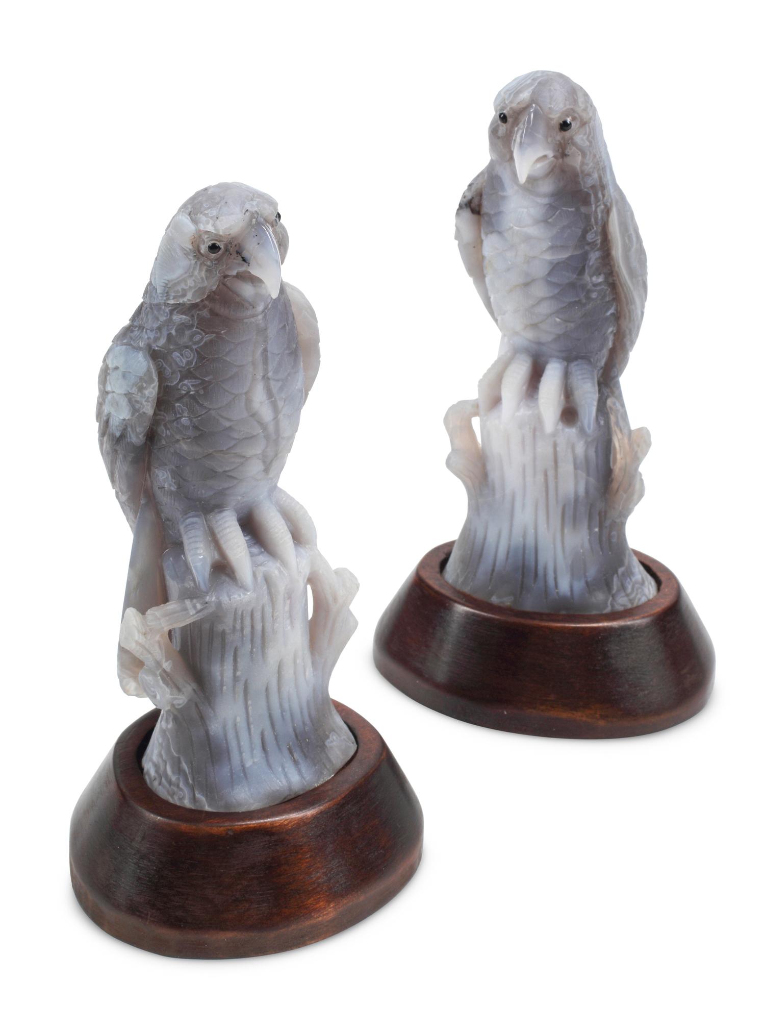 A Pair of Carved Hardstone Models of Parrots