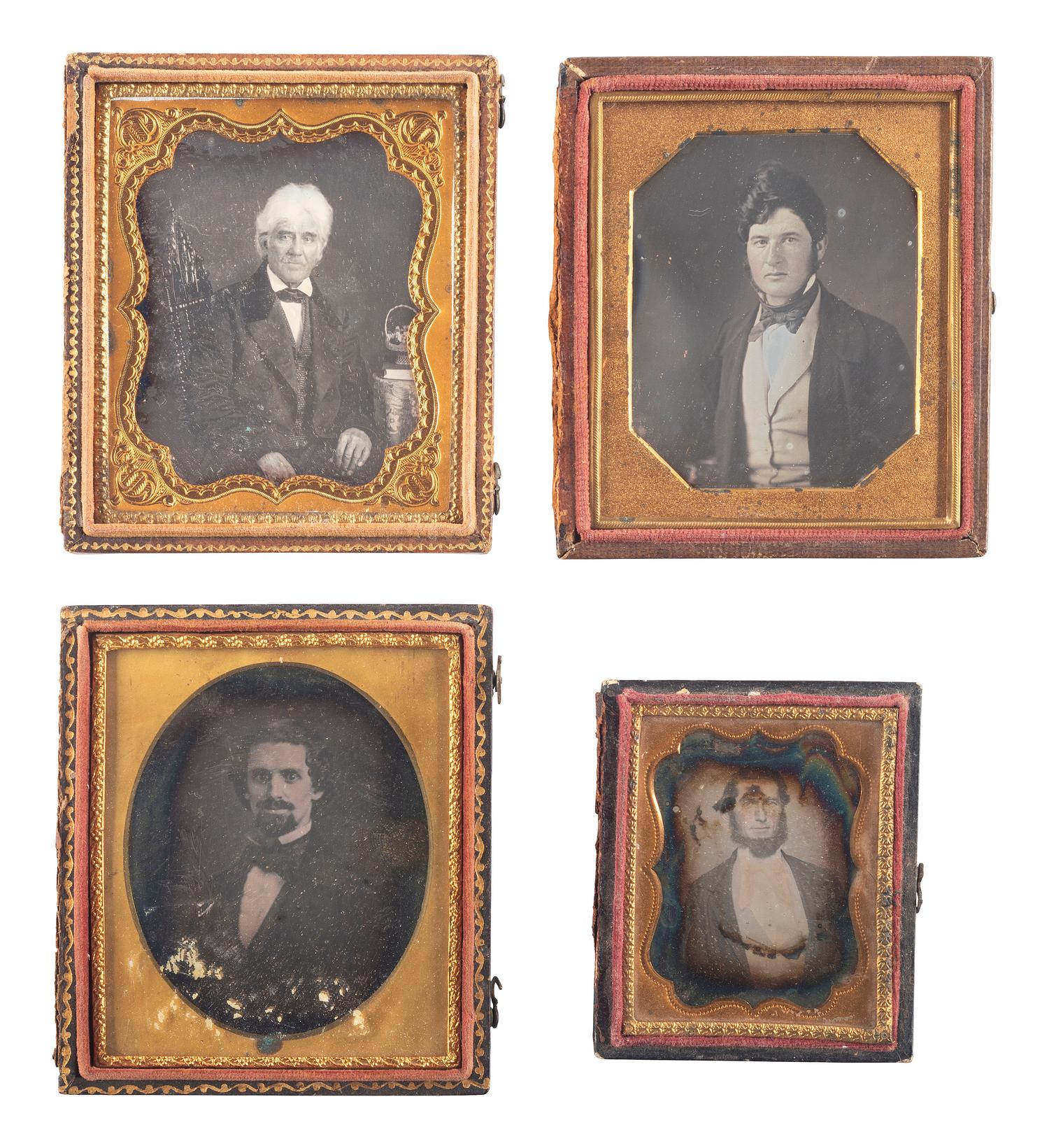 [EARLY PHOTOGRAPHY]. A group of 12 daguerreotypes of men with facial hair or creatively coiffed hair, including portraits by ANSON and BRILL.