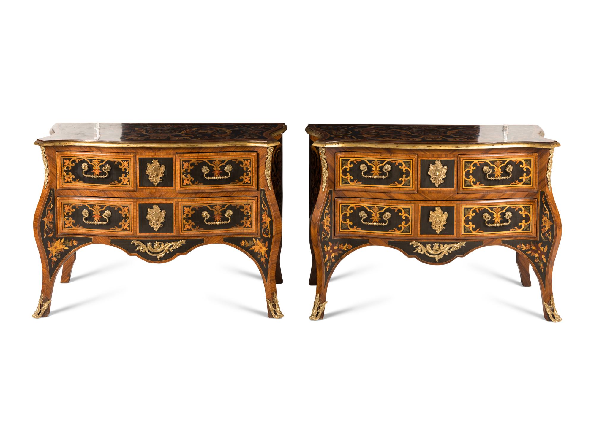 A Pair of Louis XIV Style Gilt Bronze Mounted Marquetry Commodes