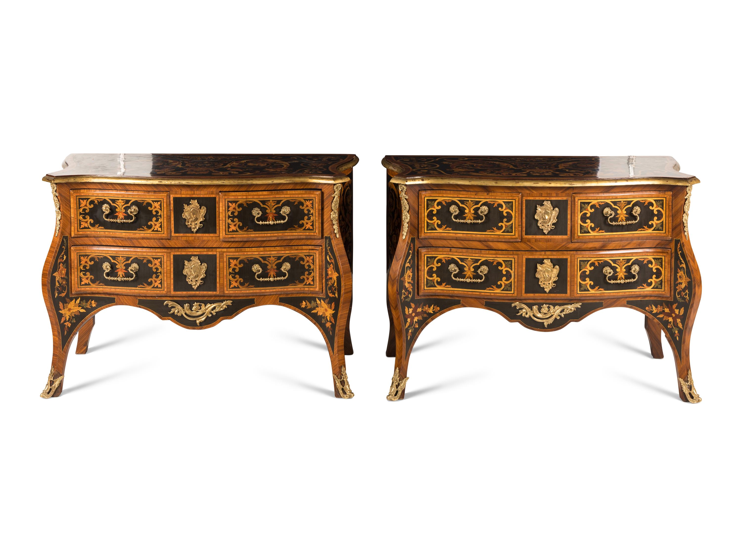 A Pair of Louis XIV Style Gilt Bronze Mounted Marquetry Commodes
