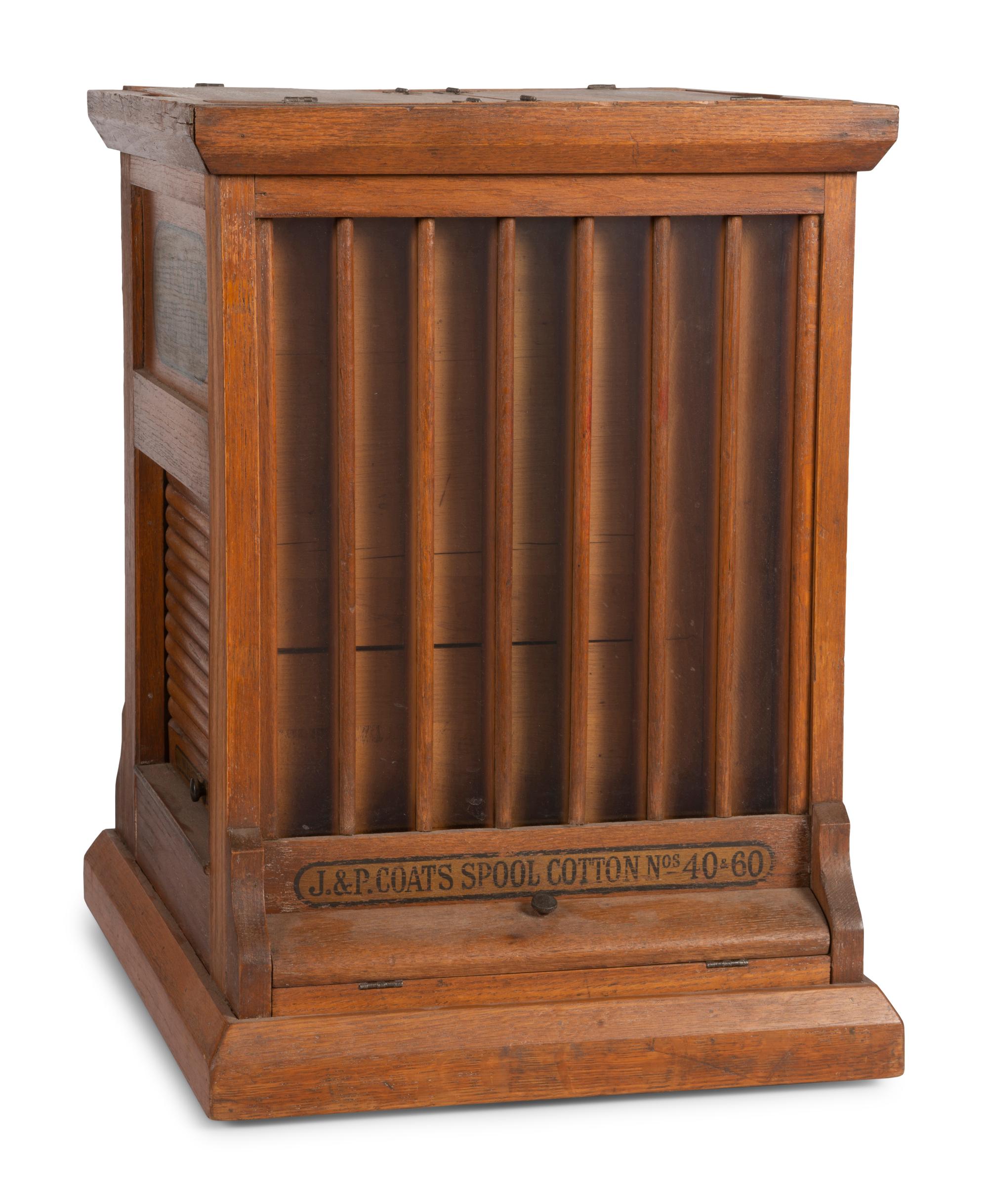 A J. & P. Coats Stenciled Oak Spool Cabinet